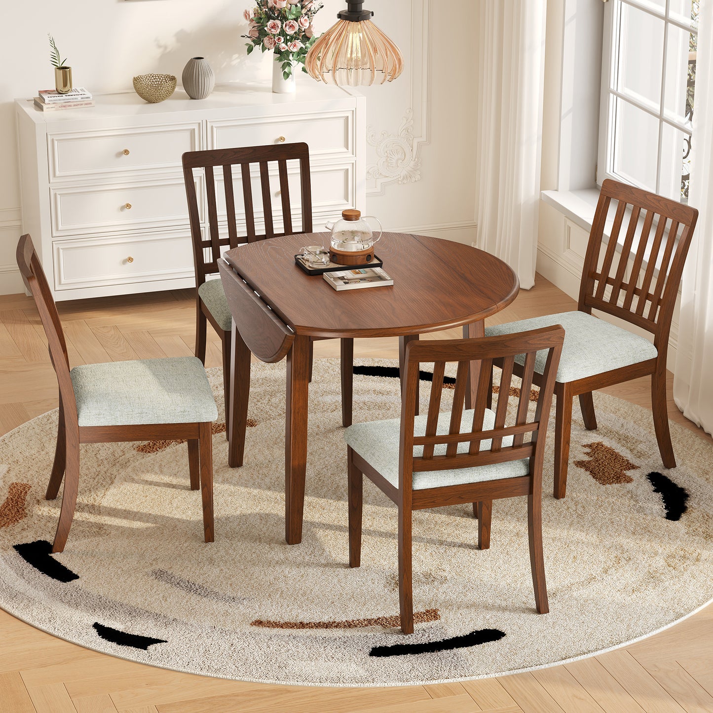 Folding Wood Dining Table + Upholstered Chairs Set for 2~4 People | Drop-Leaf Round Table, 250 lbs Capacity, 3 Color Options