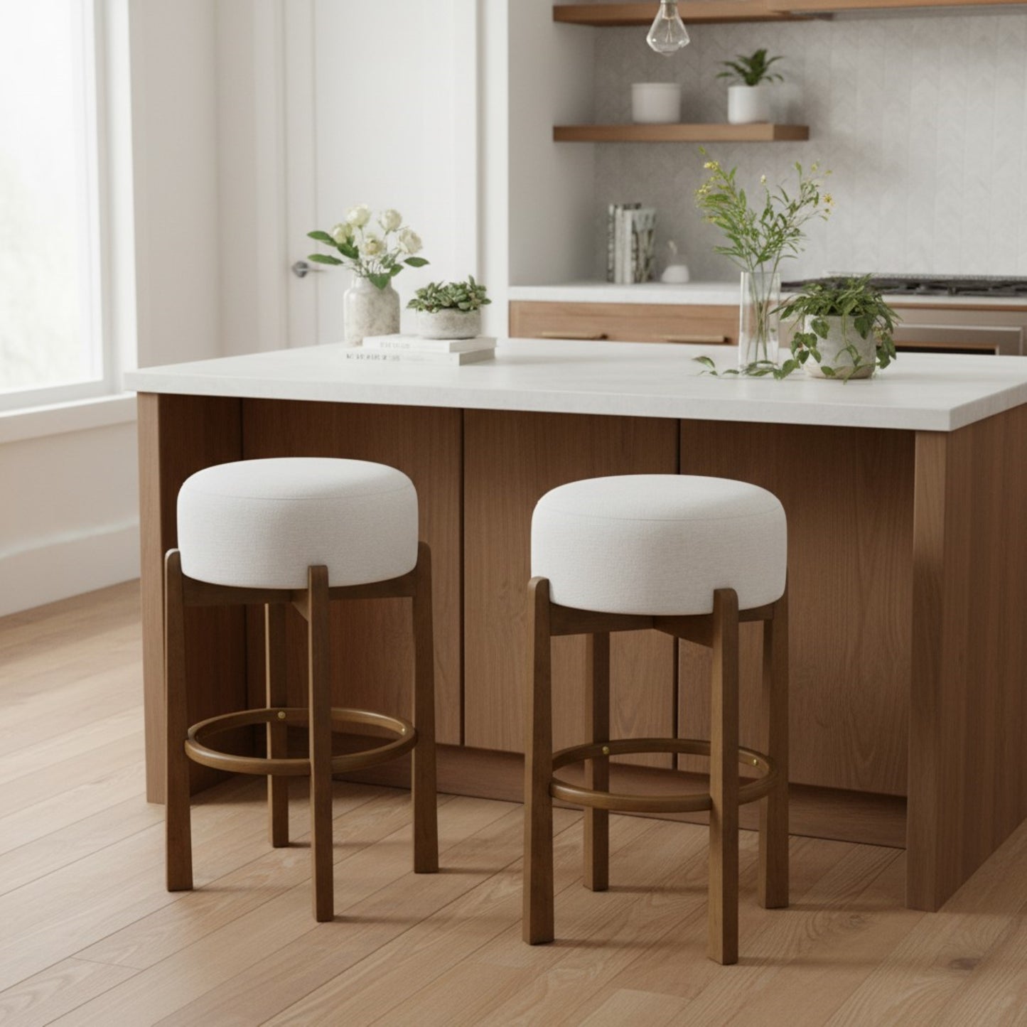 Set of 2 Indoor Wooden Upholstered Bar Stools | Rubberwood Frame, Light/Dark Walnut, Ivory Cushion – Sturdy & Sustainable