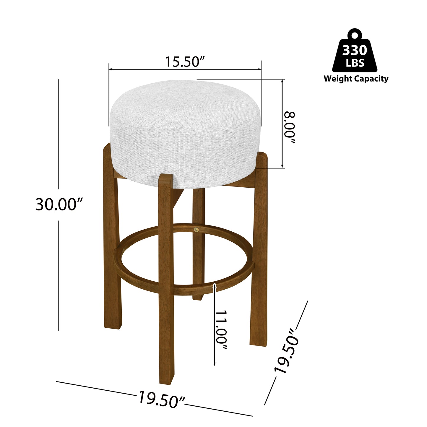 Set of 2 Indoor Wooden Upholstered Bar Stools | Rubberwood Frame, Light/Dark Walnut, Ivory Cushion – Sturdy & Sustainable