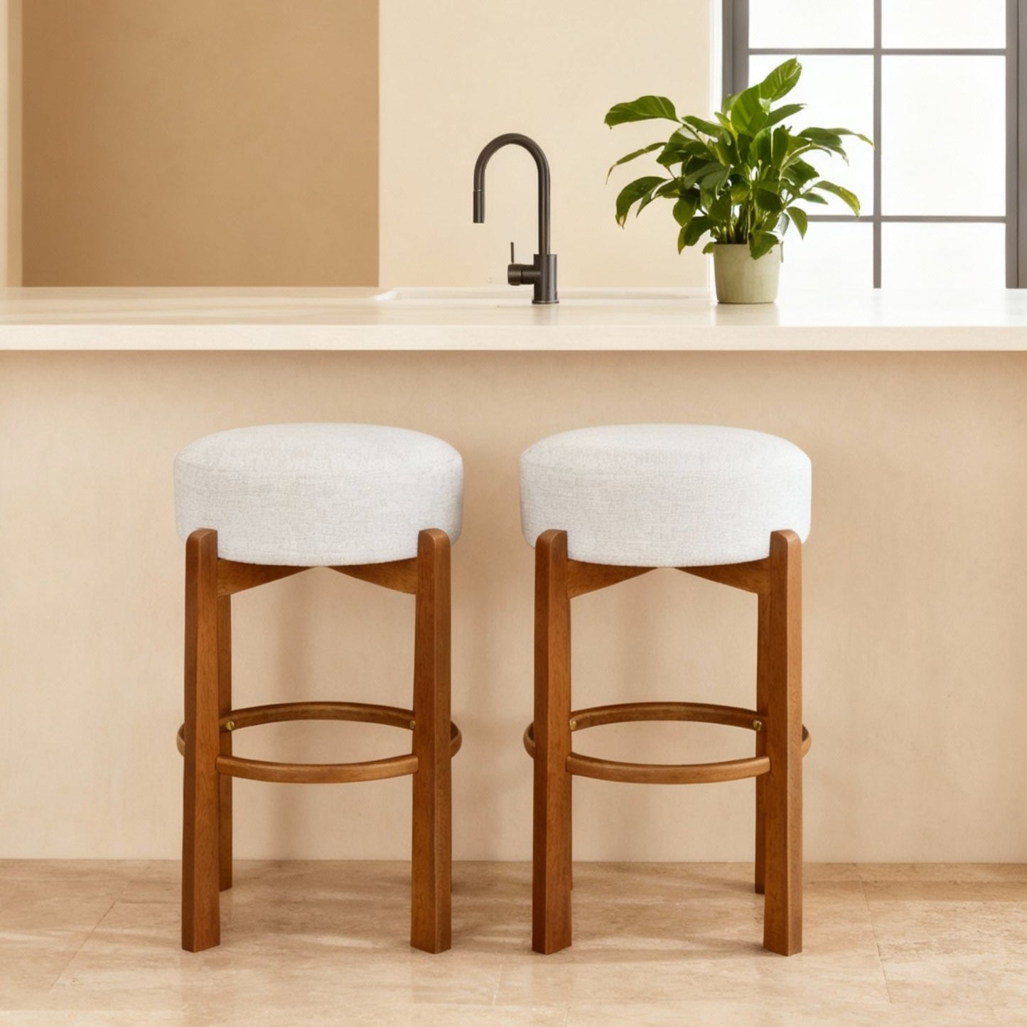 Set of 2 Indoor Wooden Upholstered Bar Stools | Rubberwood Frame, Light/Dark Walnut, Ivory Cushion – Sturdy & Sustainable