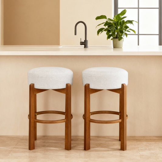 Set of 2 Indoor Wooden Upholstered Bar Stools | Rubberwood Frame, Light/Dark Walnut, Ivory Cushion – Sturdy & Sustainable