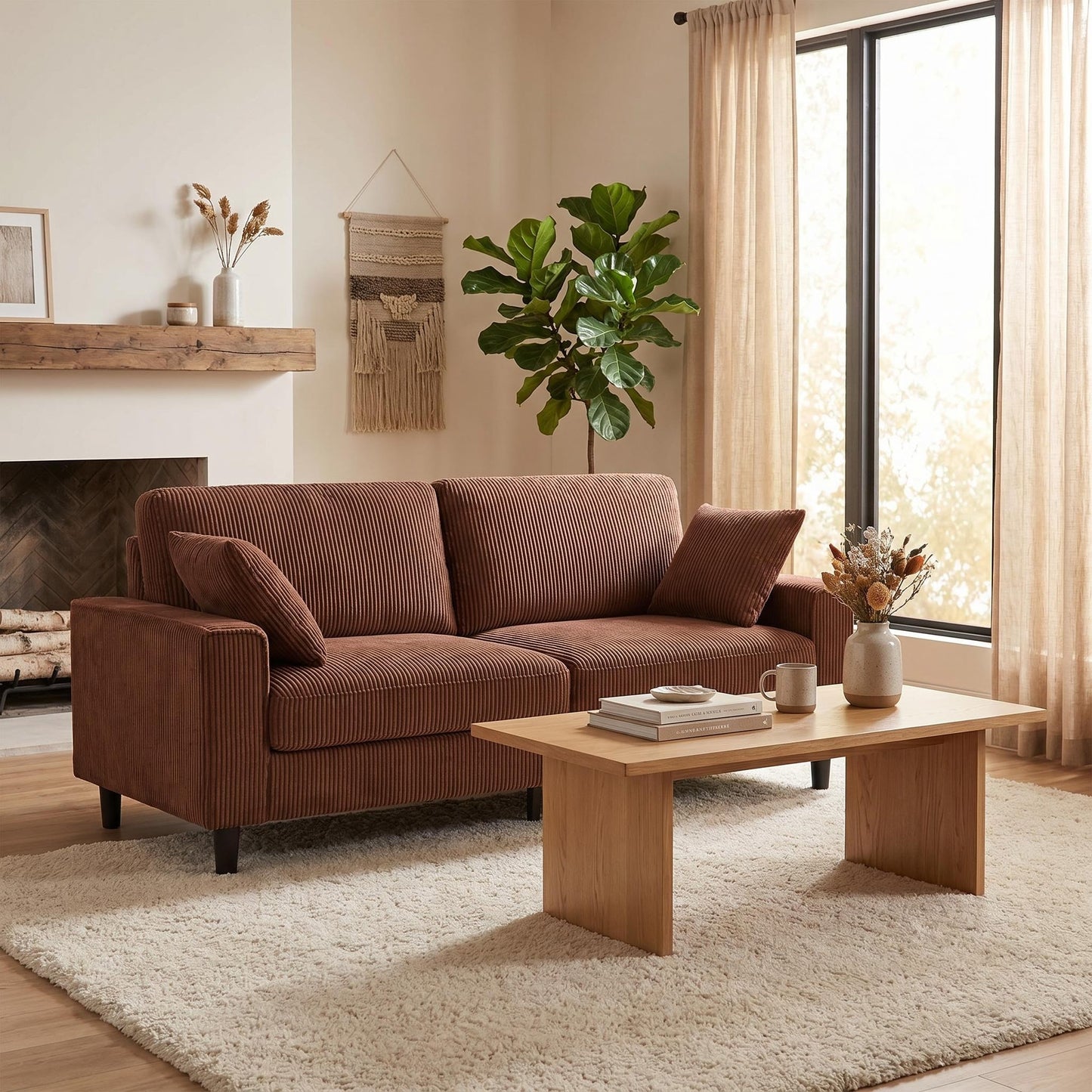 Corduroy Loveseat Sofa – 2-Seater Couch with Sturdy Iron Wood Frame, Square Armrests