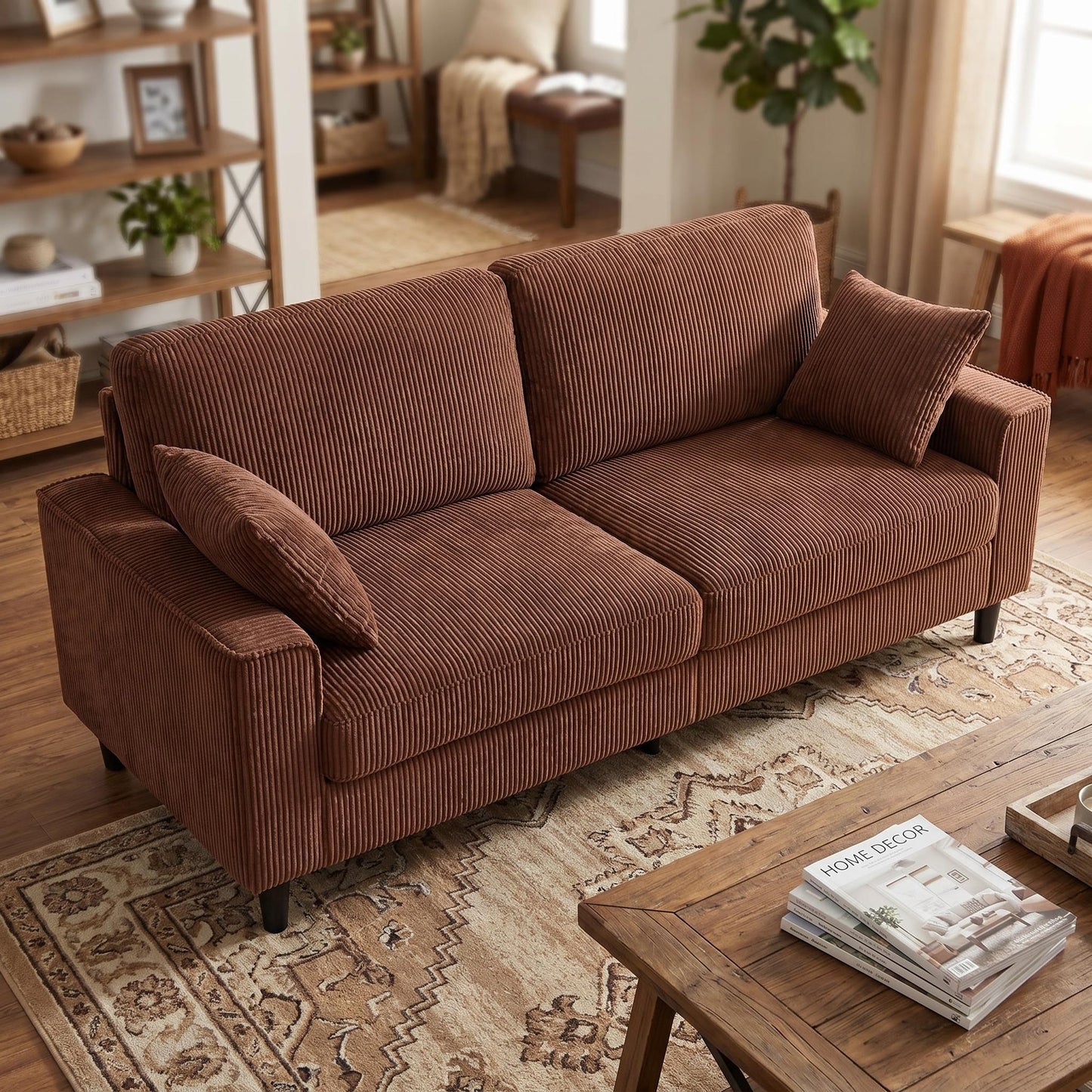 Corduroy Loveseat Sofa – 2-Seater Couch with Sturdy Iron Wood Frame, Square Armrests