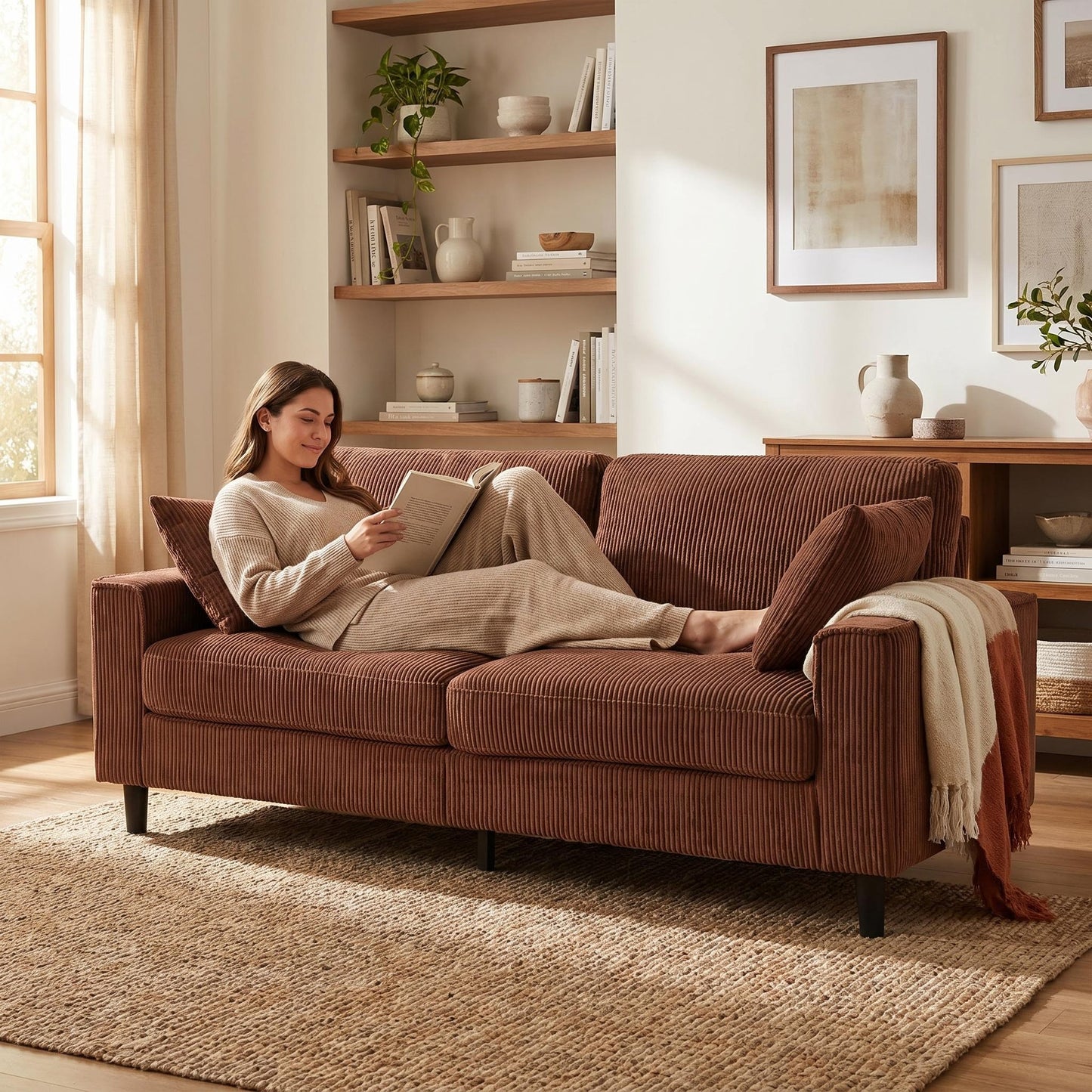 Corduroy Loveseat Sofa – 2-Seater Couch with Sturdy Iron Wood Frame, Square Armrests