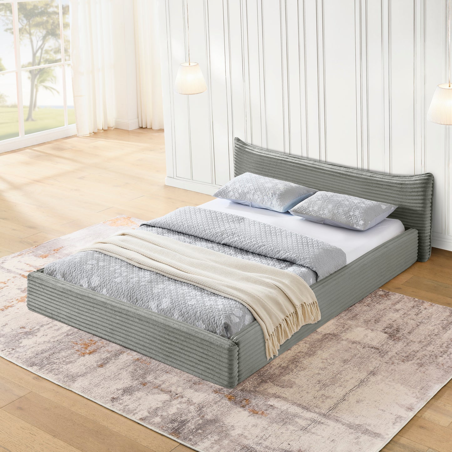 Queen Size Upholstered Bed FrameAnd velvet fabric,Grounded Platform Bed with Decorative Curved Headboard and Solid Wood Frame