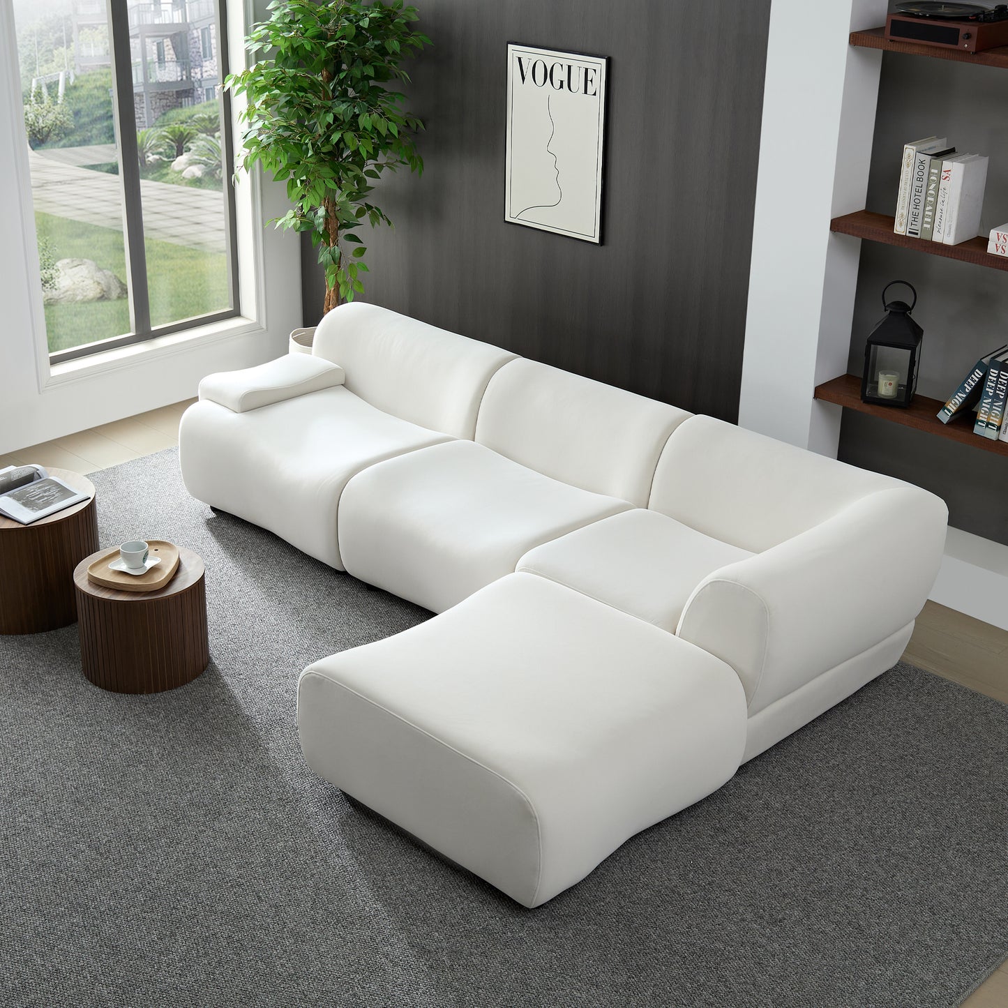 Bamboo-jointed sofa Solid Wood Frame 4 - Seat Sectional Sofa: White, Strong Durable Fabric, High - Density Sponge