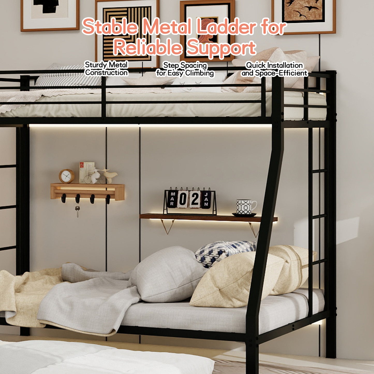High-Stability Square Tube Bunk Bed with Ladder & Rolling Trundle | Full Size – Modern Minimalist, Strong Load-Bearing for Home/Dorm/Guest Room