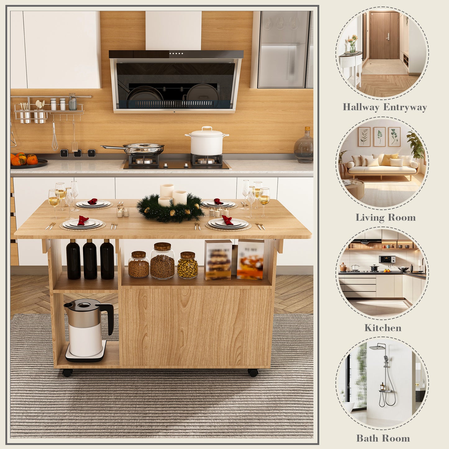 Multi-Functional Folding Table with Storage Shelves and Wheels | 47" Foldable Dining Table for Small Spaces, Compact Desk for Kitchen – Walnut/White/Oak