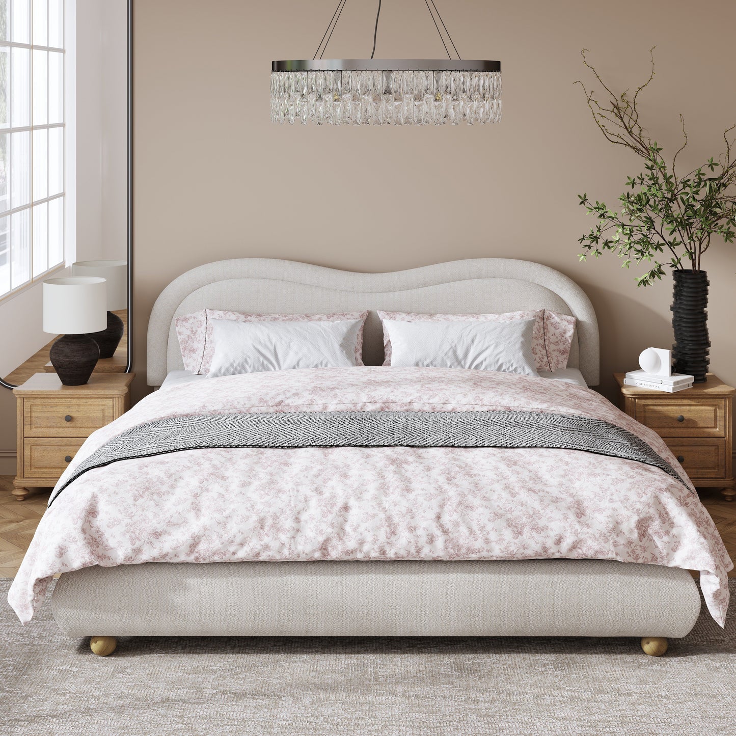 Upholstered Platform Bed Frame with Rounded Corners Curved Headboard | Chenille Fabric, Wooden Slats, Oak Legs – No Box Spring Needed (Queen/King)