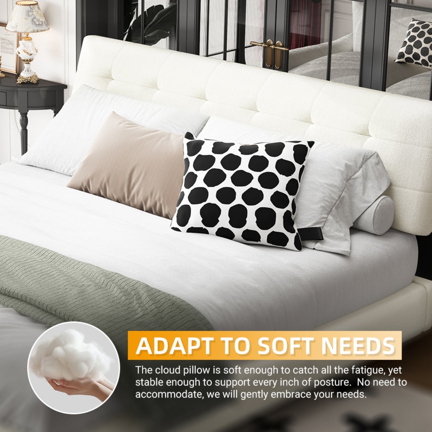 Queen/King Size Bed Frame Chenille Platform Bed with Metal and Wooden Slats Double Support – Cloud Pillow Headboard, Silent Sturdy