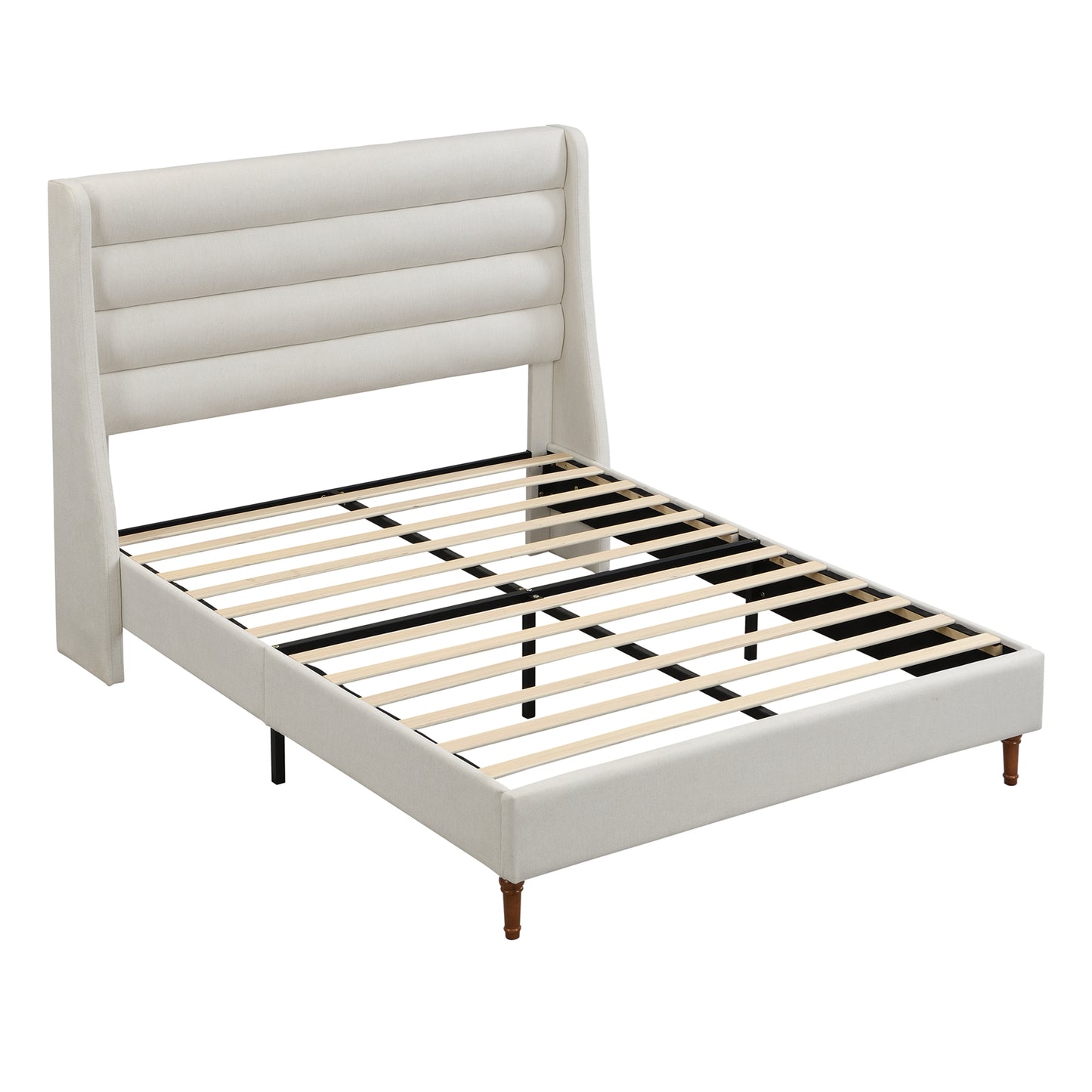 High Headboard Upholstered Platform Bed Frame | Wave-Shaped Headboard – Premium Chenille Fabric, Ivory