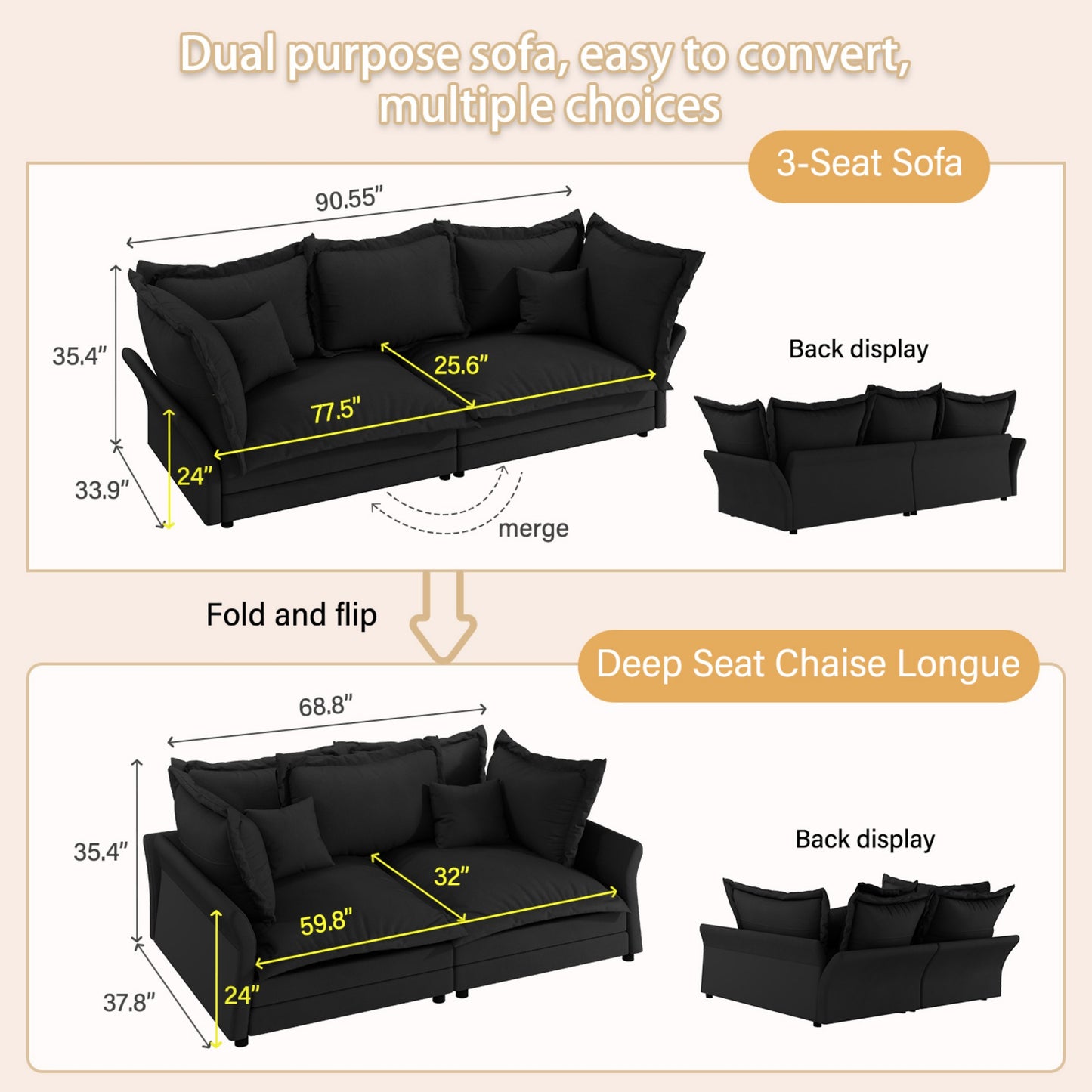 Comfy Upholstered Deep Seat Couches with Multiple Large Soft Pillows