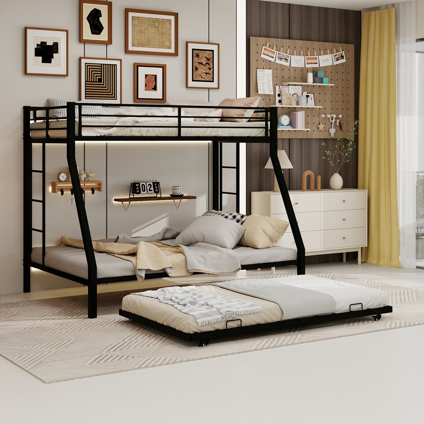 High-Stability Square Tube Bunk Bed with Ladder & Rolling Trundle | Full Size – Modern Minimalist, Strong Load-Bearing for Home/Dorm/Guest Room