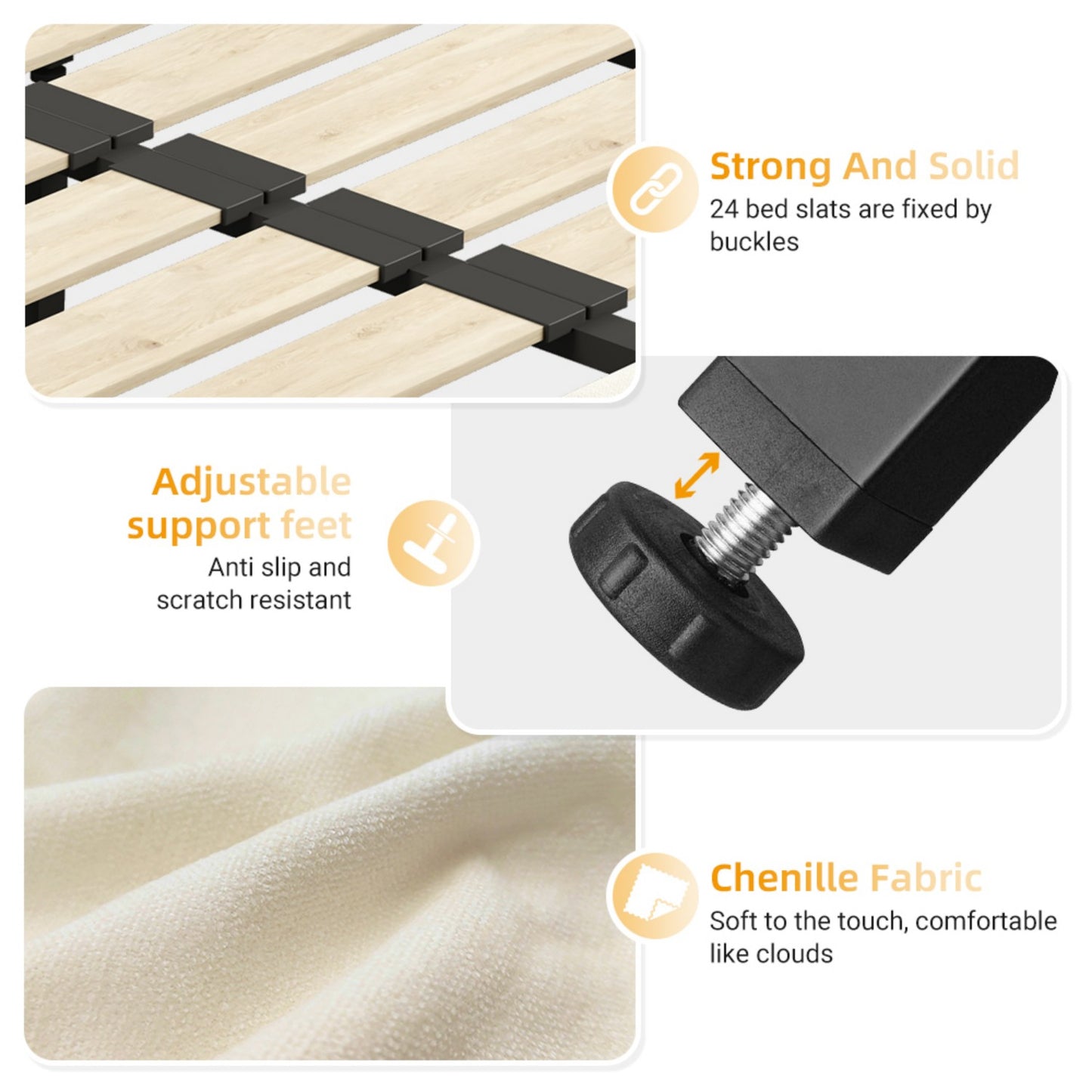 Queen/King Size Bed Frame Chenille Platform Bed with Metal and Wooden Slats Double Support – Cloud Pillow Headboard, Silent Sturdy