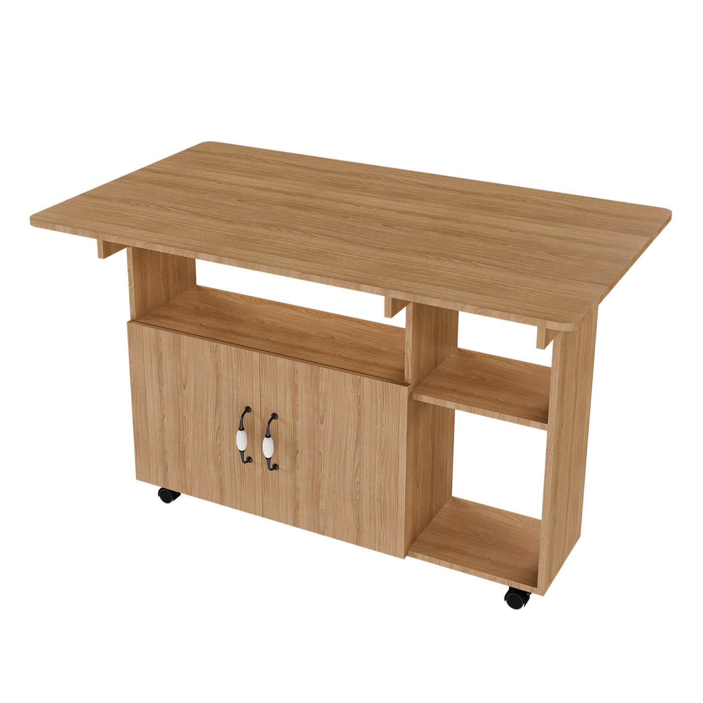 Multi-Functional Folding Table with Storage Shelves and Wheels | 47" Foldable Dining Table for Small Spaces, Compact Desk for Kitchen – Walnut/White/Oak
