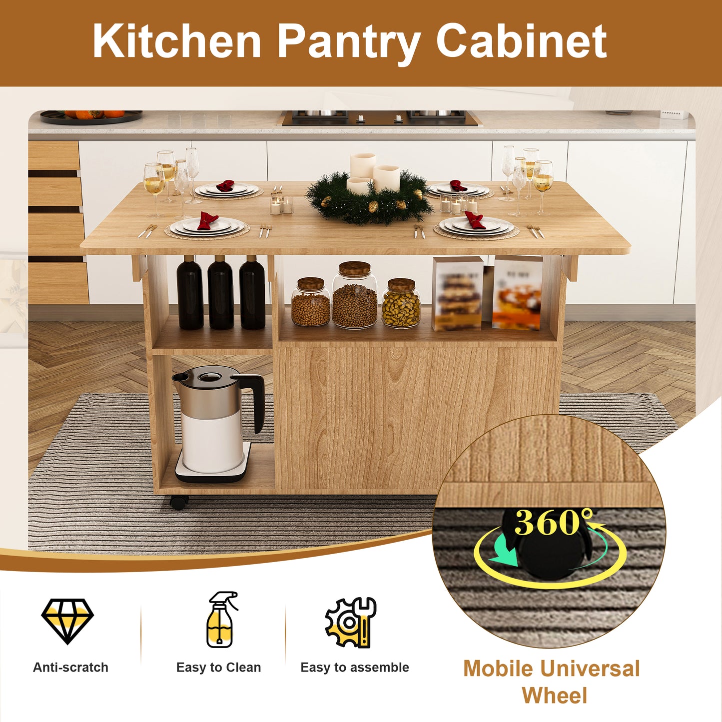 Multi-Functional Folding Table with Storage Shelves and Wheels | 47" Foldable Dining Table for Small Spaces, Compact Desk for Kitchen – Walnut/White/Oak