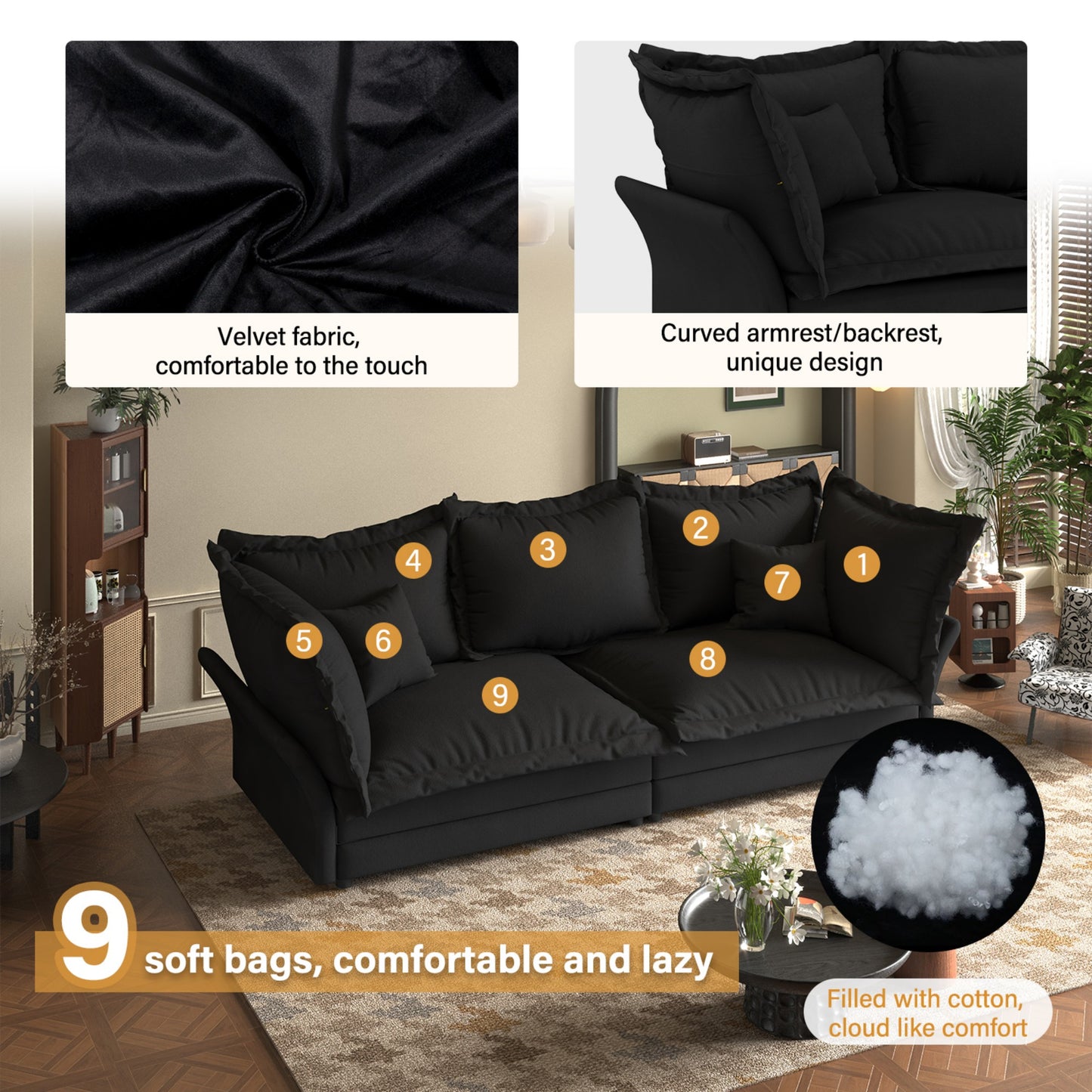 Comfy Upholstered Deep Seat Couches with Multiple Large Soft Pillows