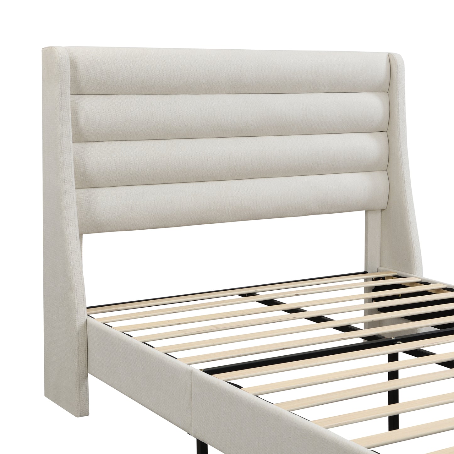 High Headboard Upholstered Platform Bed Frame | Wave-Shaped Headboard – Premium Chenille Fabric, Ivory