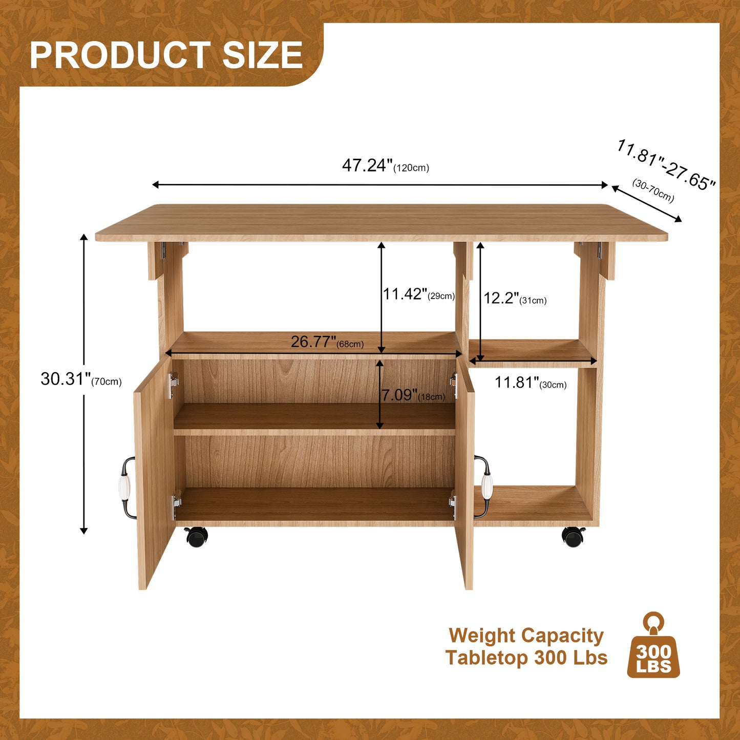 Multi-Functional Folding Table with Storage Shelves and Wheels | 47" Foldable Dining Table for Small Spaces, Compact Desk for Kitchen – Walnut/White/Oak