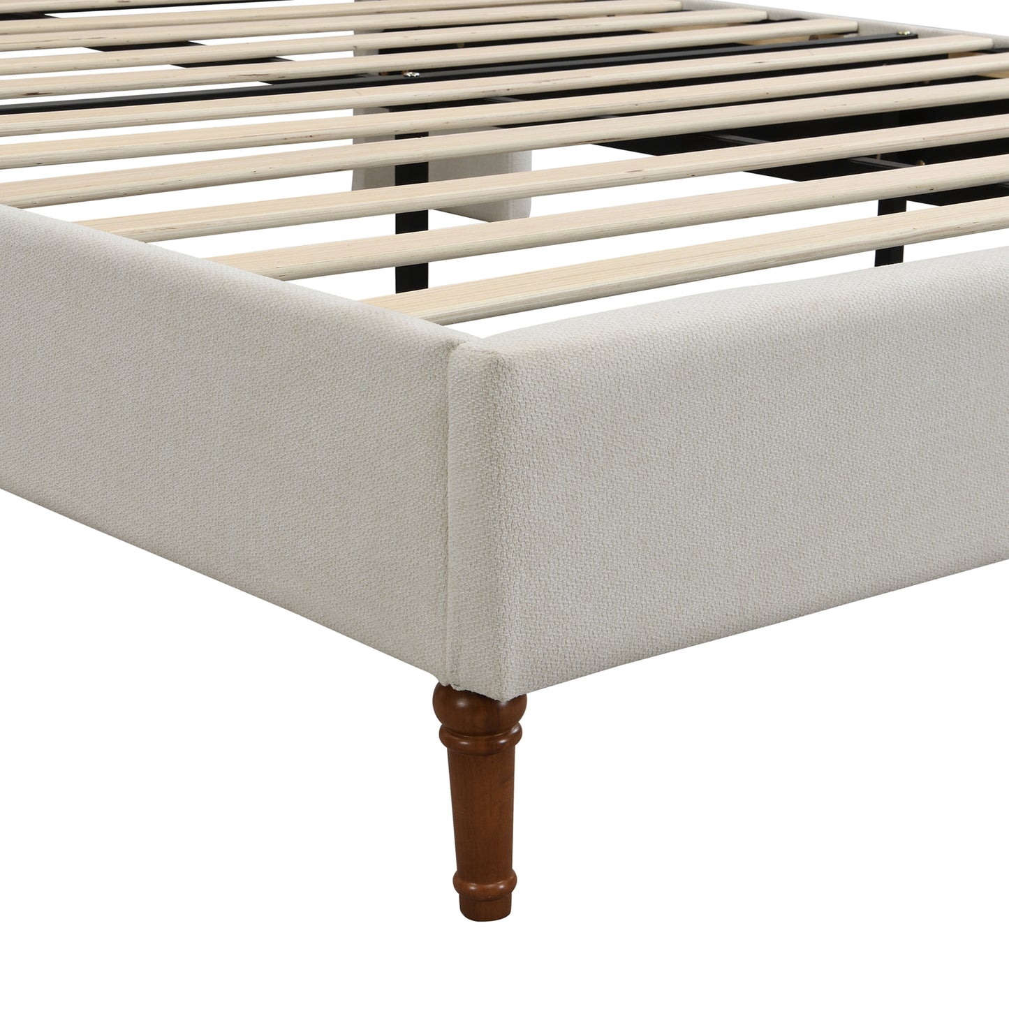High Headboard Upholstered Platform Bed Frame | Wave-Shaped Headboard – Premium Chenille Fabric, Ivory