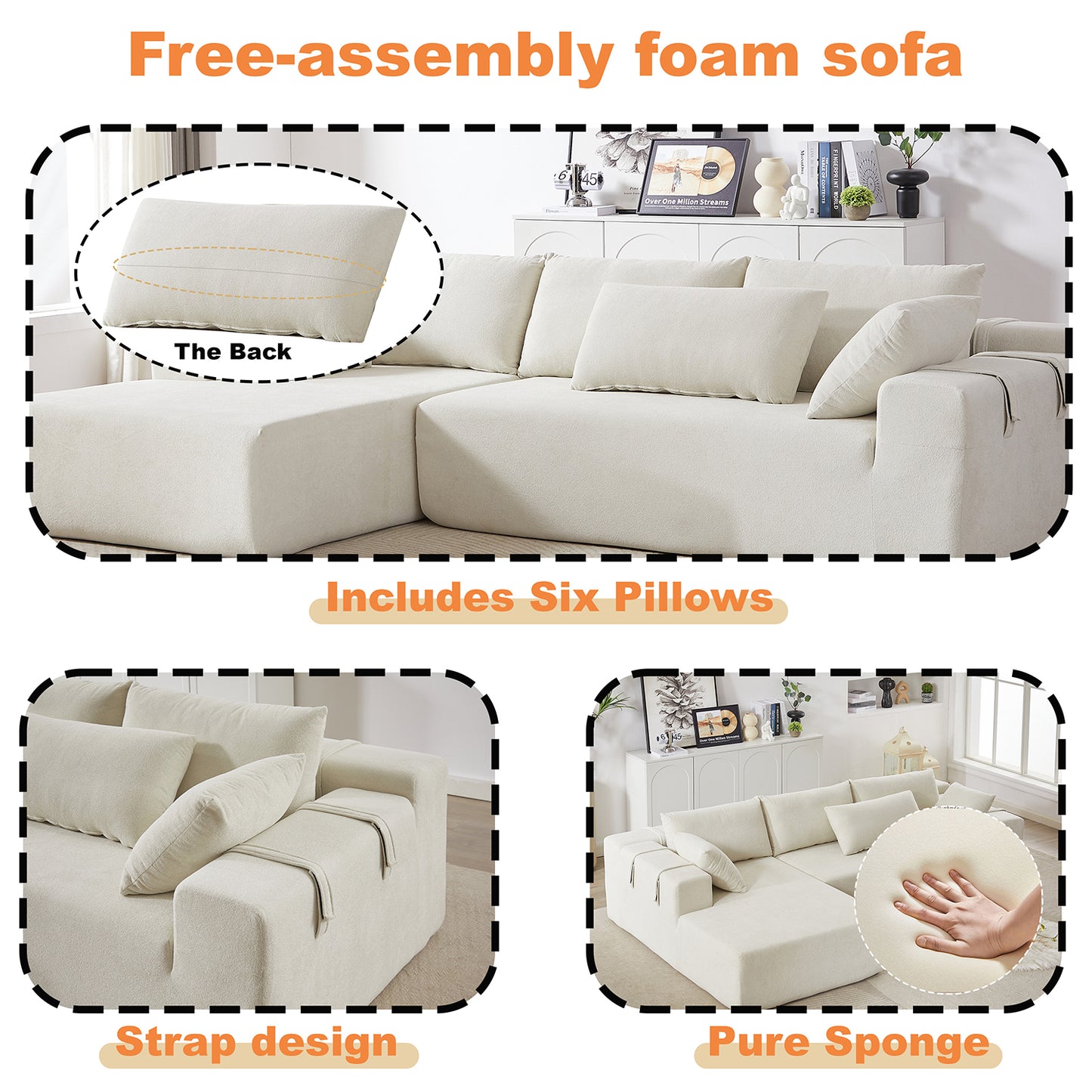 Modern Chenille Upholstered Sectional Sofa Couch Set Free Combination Sofa  With 6 Pillows