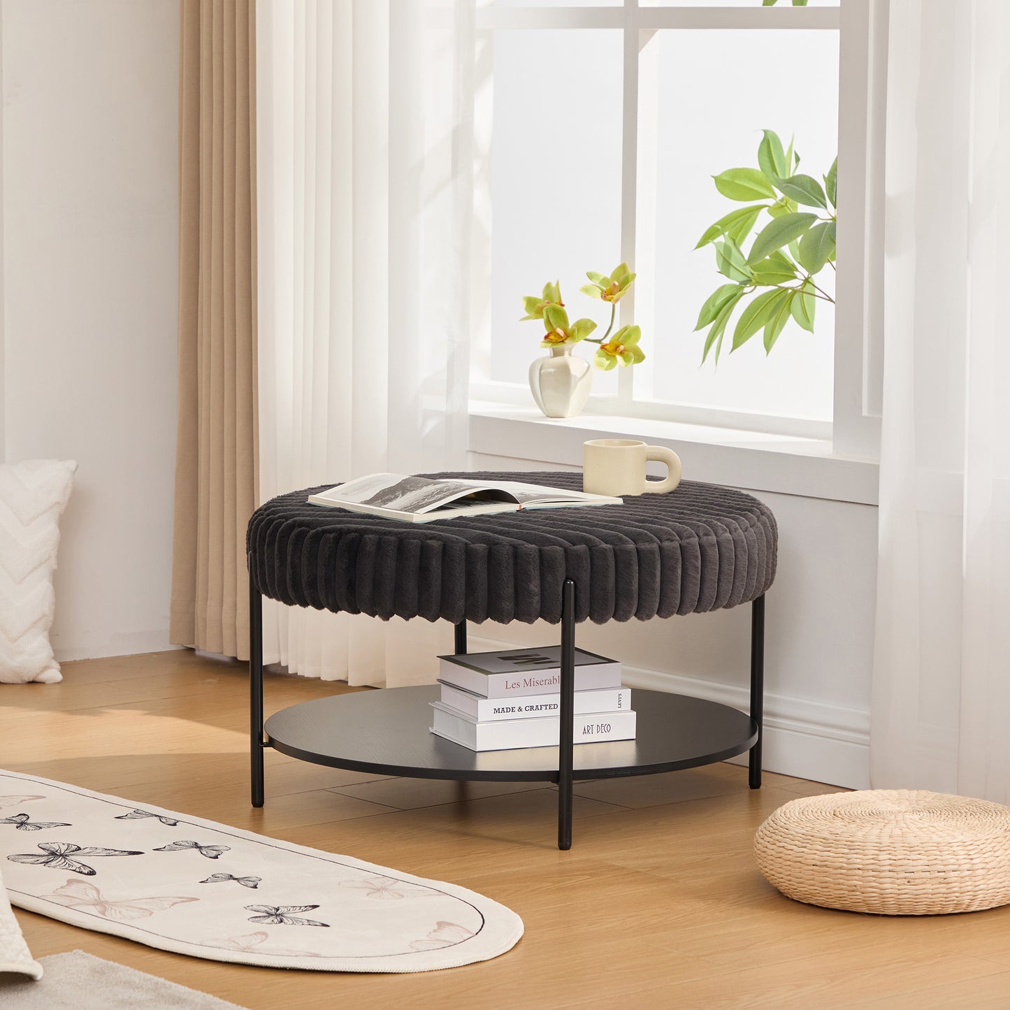 Upholstered Round Ottoman Coffee Table & Pouf Foot Rest | Faux Fur, Metal Legs – Beige/Brown/Charcoal