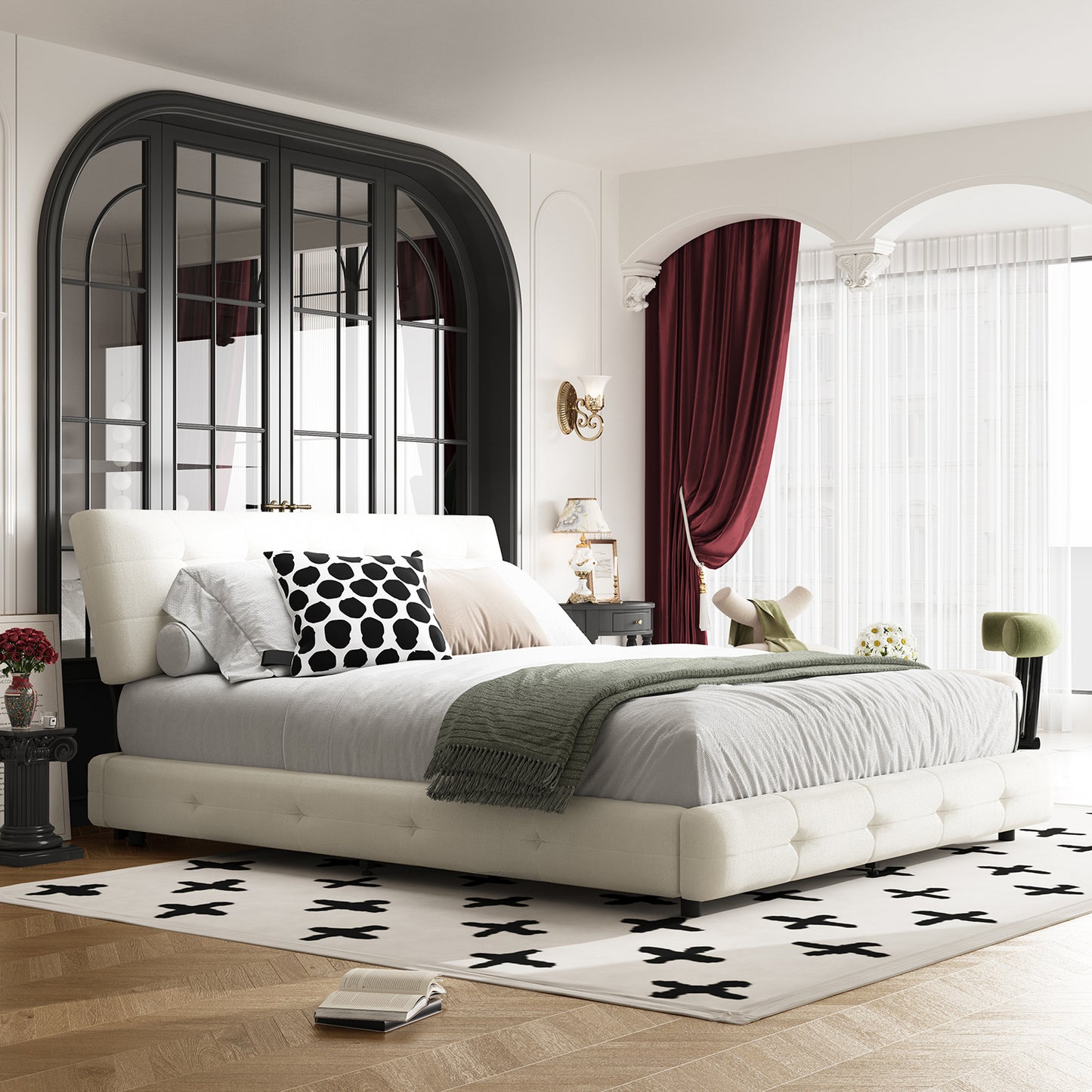 Queen/King Size Bed Frame Chenille Platform Bed with Metal and Wooden Slats Double Support – Cloud Pillow Headboard, Silent Sturdy