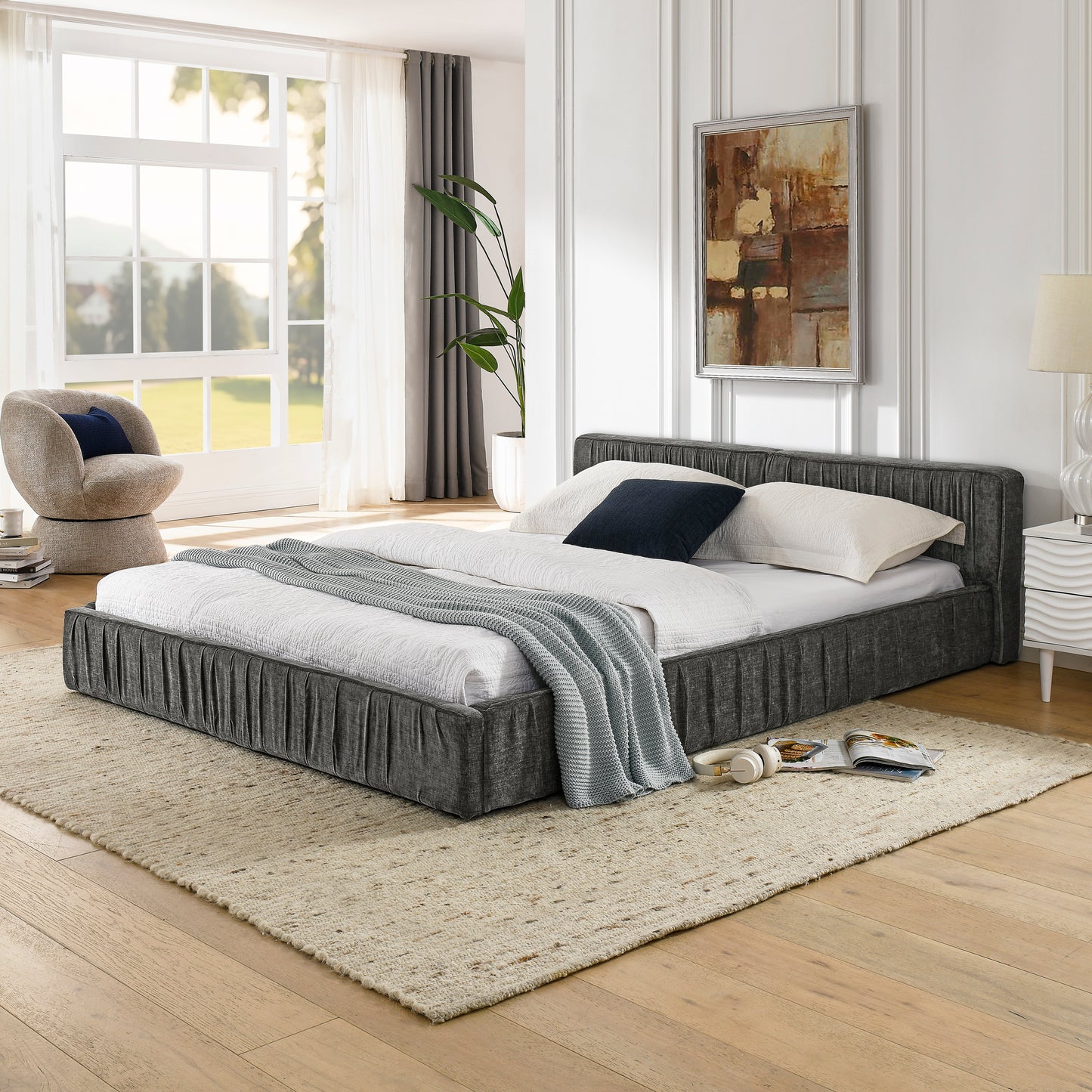 Queen Size Upholstered Bed Frame with Chenille fabric Platform Bed with Headboard and Solid Frame. No Box Spring Needed