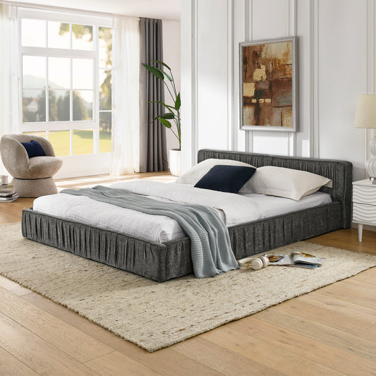Queen Size Upholstered Bed Frame with Chenille fabric Platform Bed with Headboard and Solid Frame. No Box Spring Needed