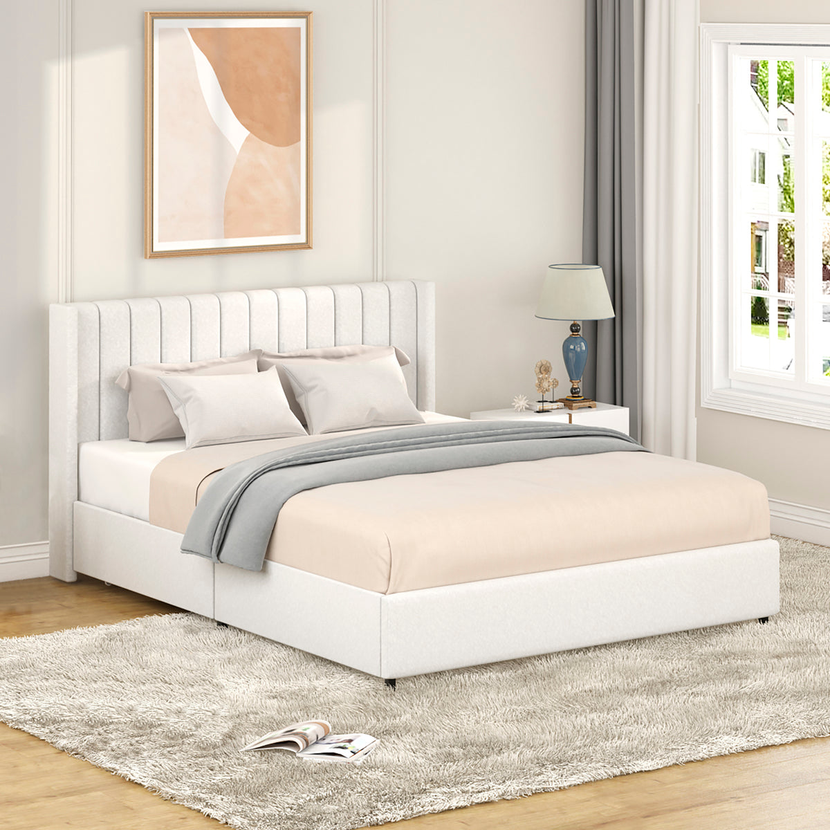 Patented 2-Drawer Storage Bed Queen Size Ivory Boucle Upholstered Platform Bed, Tufted Headboard, Wooden Slat Mattress Support