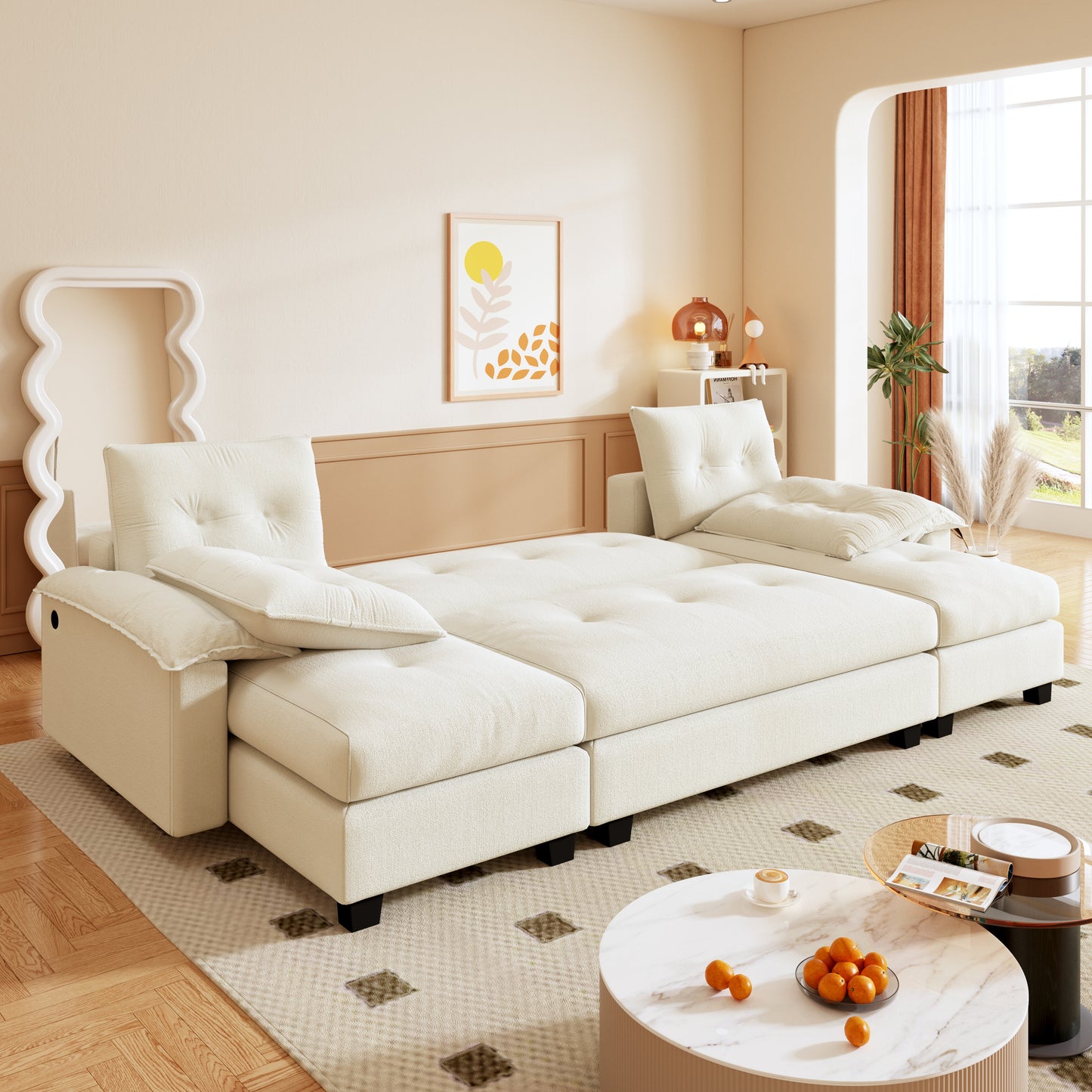 U-Shaped Sleeper Sofa with Pull Out Bed,2 in 1 Convertible Couch Bed with Removable Armrests & USB Ports