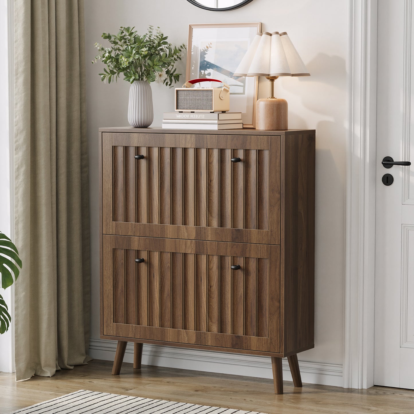 Medieval-Style Modern Shoe Cabinet | Upright Shoe Storage Unit with Vertical Grooved Finish – Walnut, 2 Sizes (23.6" or 31.5")