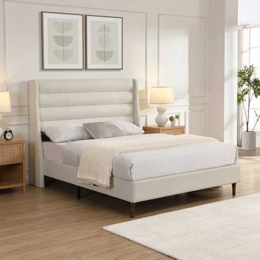 High Headboard Upholstered Platform Bed Frame | Wave-Shaped Headboard – Premium Chenille Fabric, Ivory