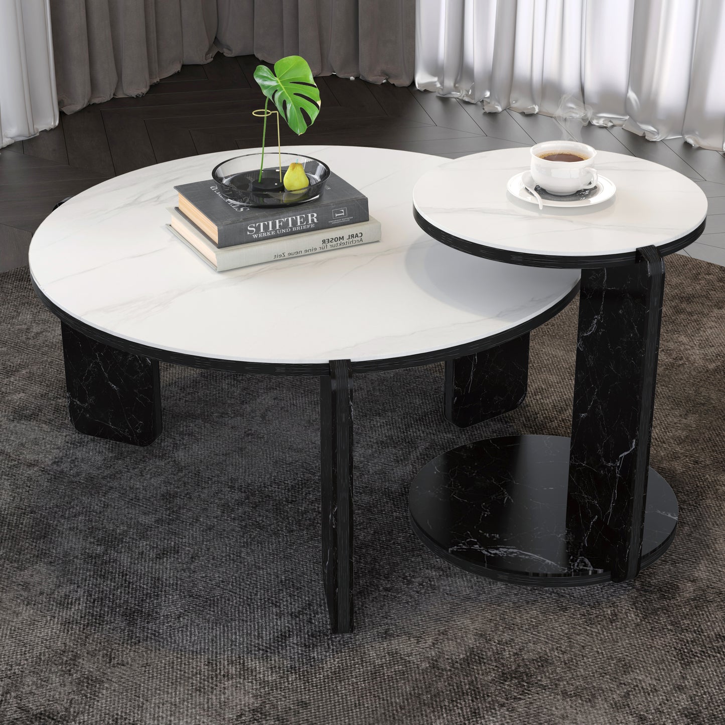 Round Nesting Coffee Table Set of 2 – Sintered Stone Top, 18mm MDF + Stone Legs (White+Black / Walnut / Black)