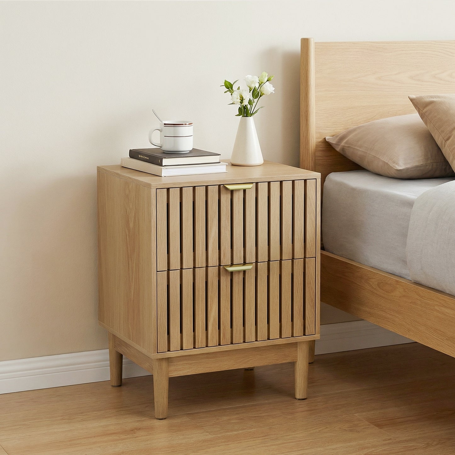 Oak Bedside Table with Grille Design and Two Drawers – Nightstand | Modern Storage Cabinet for Bedroom, Living Room, Office