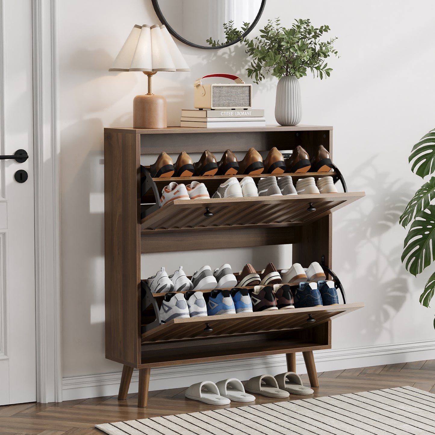 Medieval-Style Modern Shoe Cabinet | Upright Shoe Storage Unit with Vertical Grooved Finish – Walnut, 2 Sizes (23.6" or 31.5")