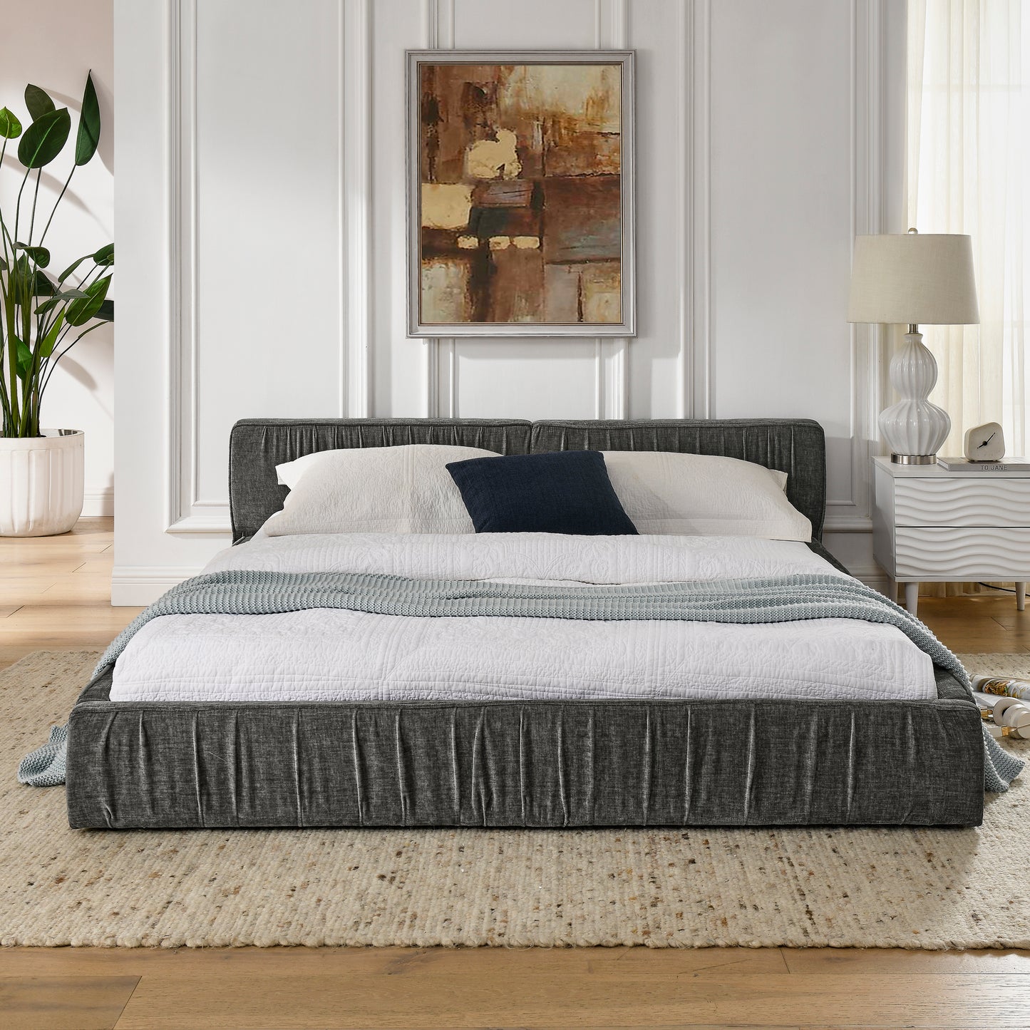 Queen Size Upholstered Bed Frame with Chenille fabric Platform Bed with Headboard and Solid Frame. No Box Spring Needed