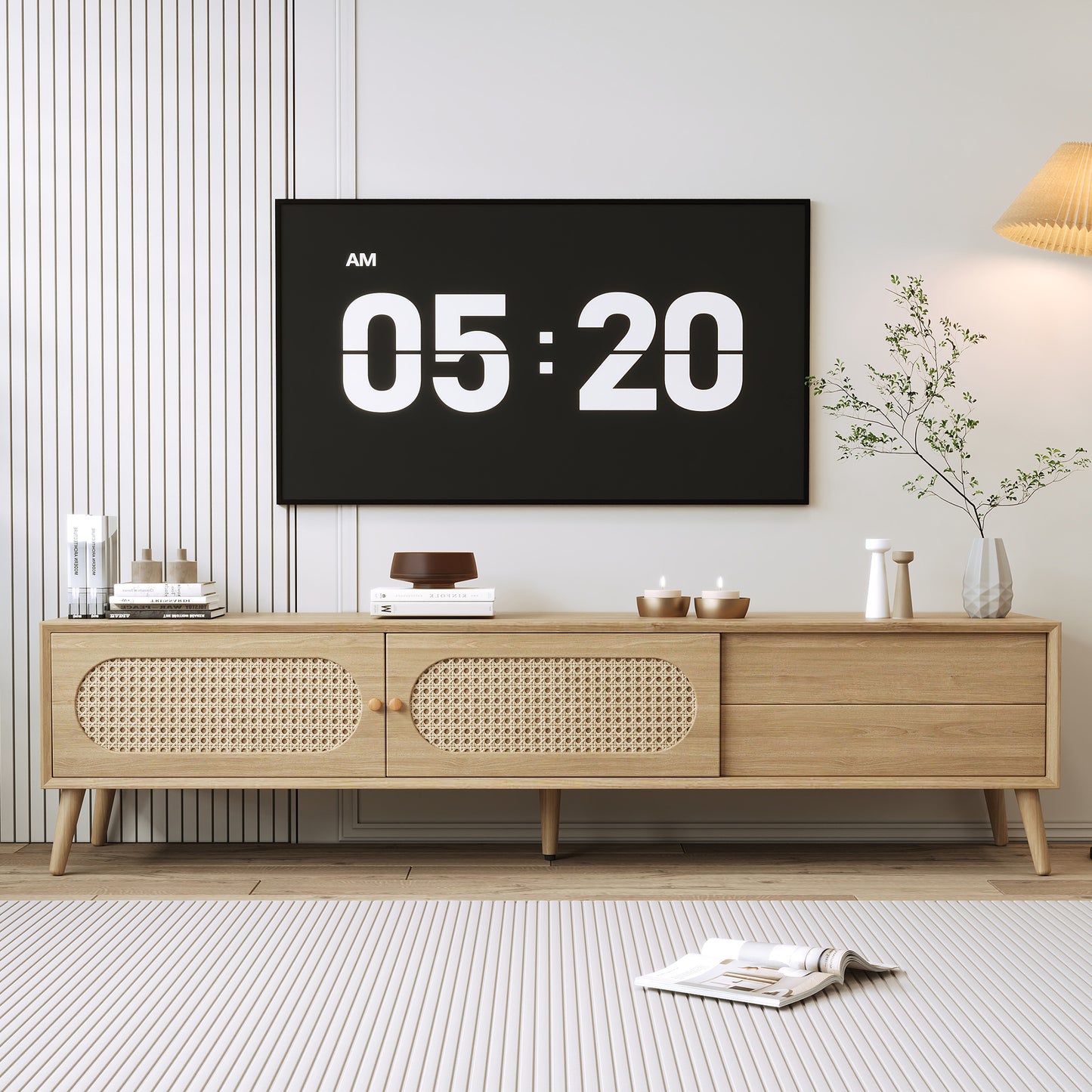 Modern Farmhouse Media Console – Rattan TV Cabinet with Solid Wood Legs, 70.8" for 80" TV