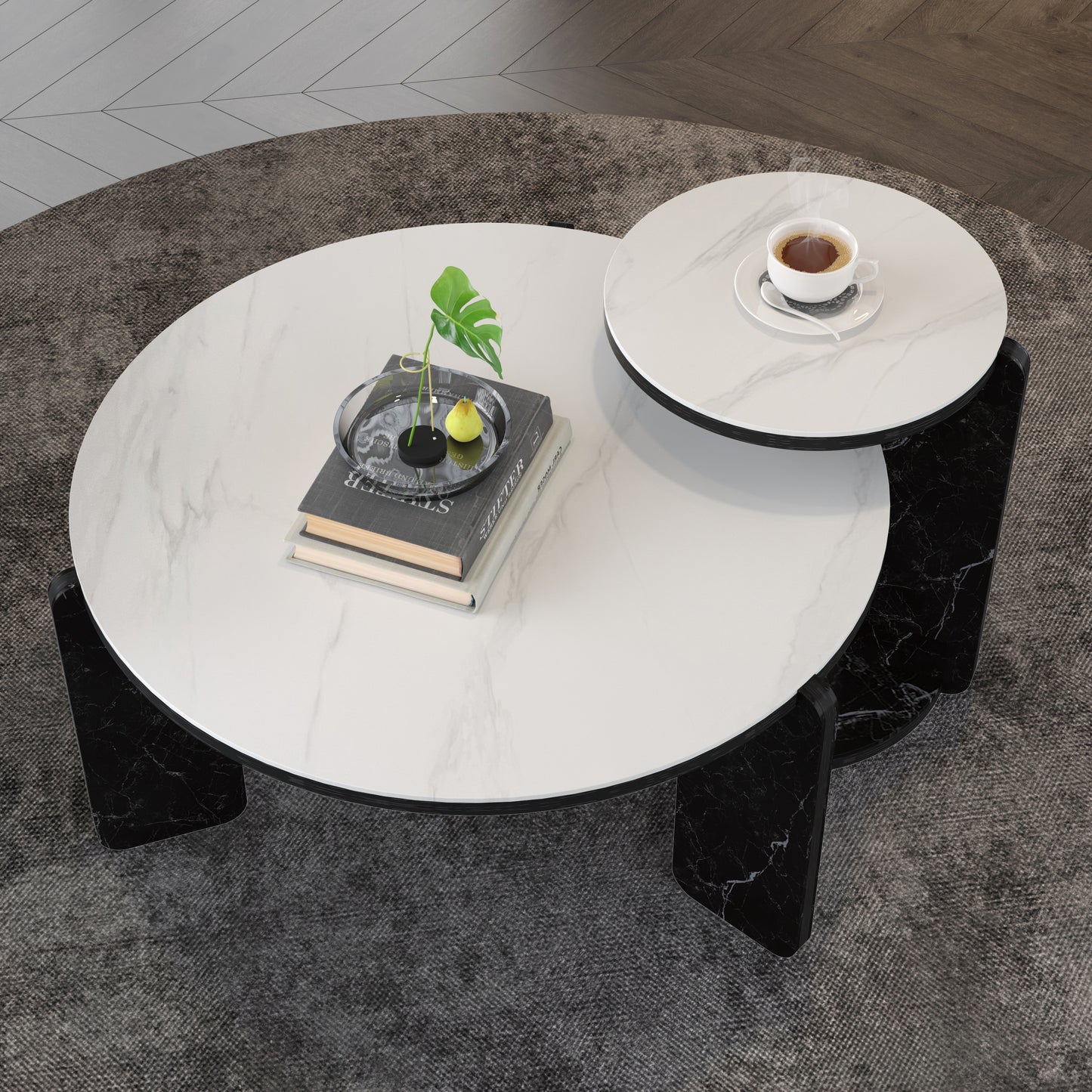 Round Nesting Coffee Table Set of 2 – Sintered Stone Top, 18mm MDF + Stone Legs (White+Black / Walnut / Black)