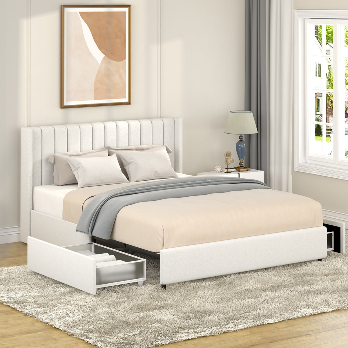 Patented 2-Drawer Storage Bed Queen Size Ivory Boucle Upholstered Platform Bed, Tufted Headboard, Wooden Slat Mattress Support