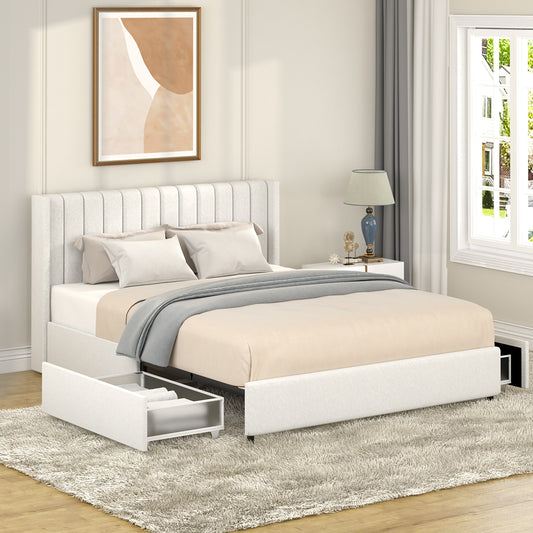 Patented 2-Drawer Storage Bed Queen Size Ivory Boucle Upholstered Platform Bed, Tufted Headboard, Wooden Slat Mattress Support