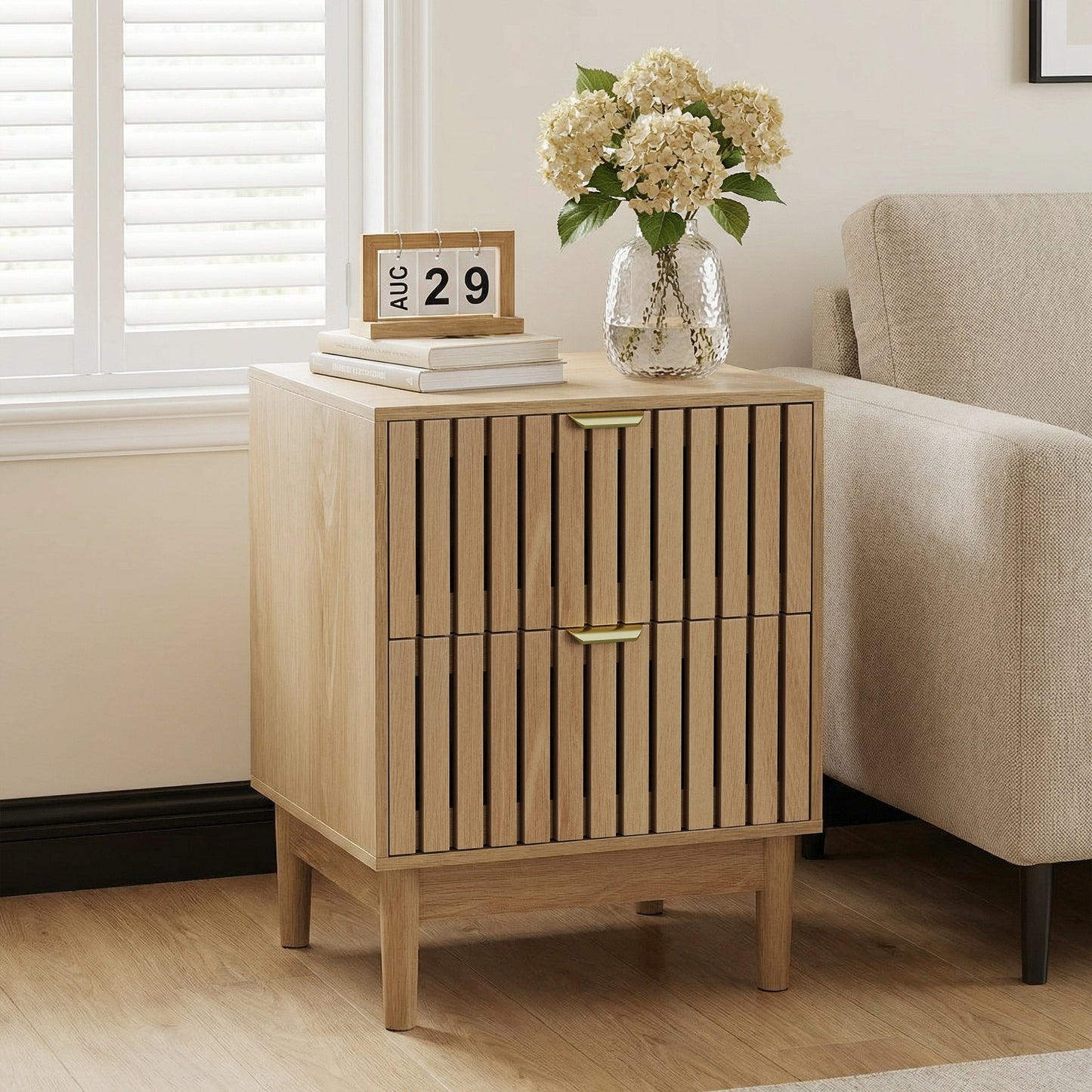 Oak Bedside Table with Grille Design and Two Drawers – Nightstand | Modern Storage Cabinet for Bedroom, Living Room, Office