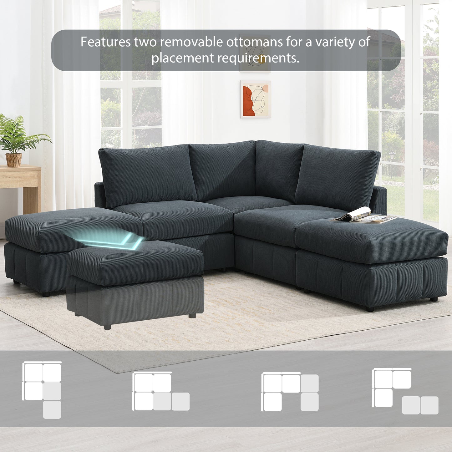 L-Shape 5-Seat Sectional Sofa Armless Couch Set with Convertible Ottomans,Various Combinations,