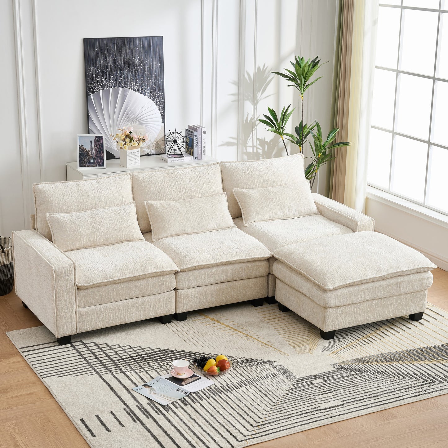 Sectional Cloud Deep Seat Couch, Modern Comfy Chenille L Shaped Sectional Sofa  with Movable Ottoman for Living Room