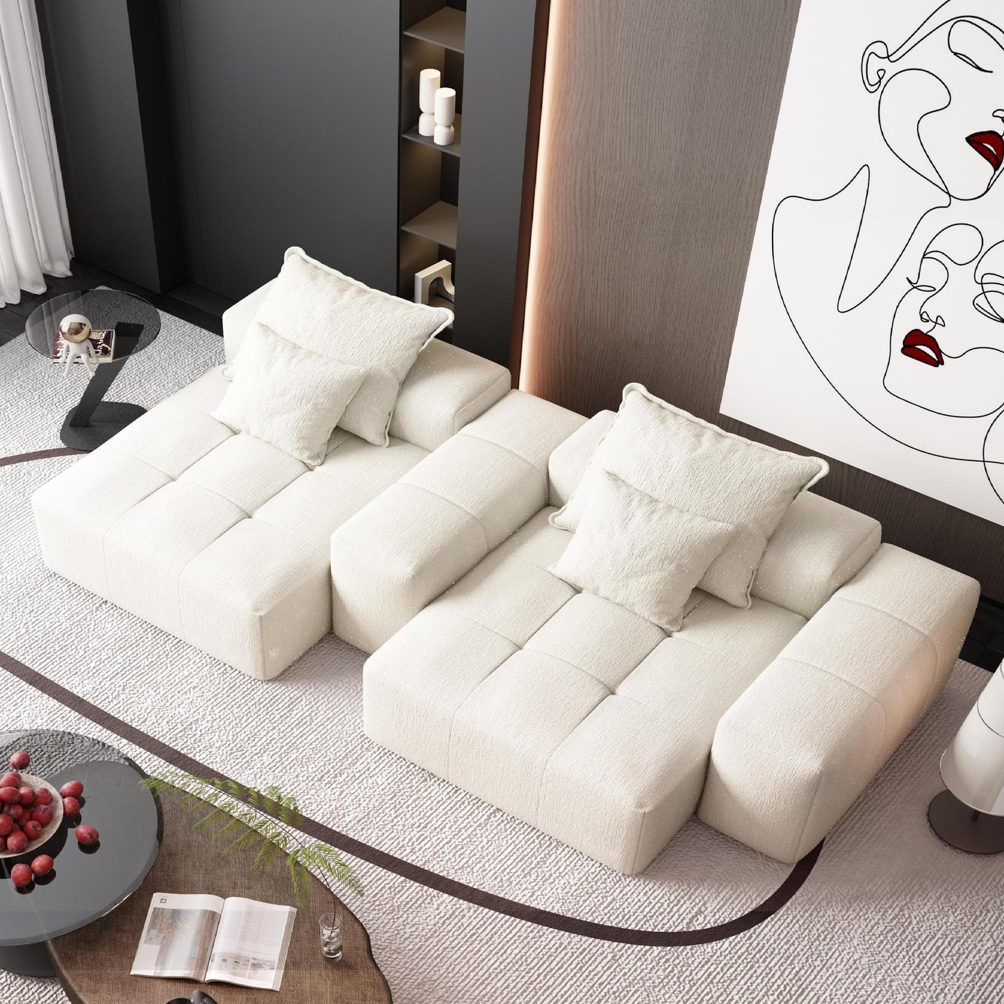 Modular Sectional Sofa with 2 chaise lounge and 2 armrest,Sparkling Chenille Fabric Soft Cushion Sofa with 4 Pillows