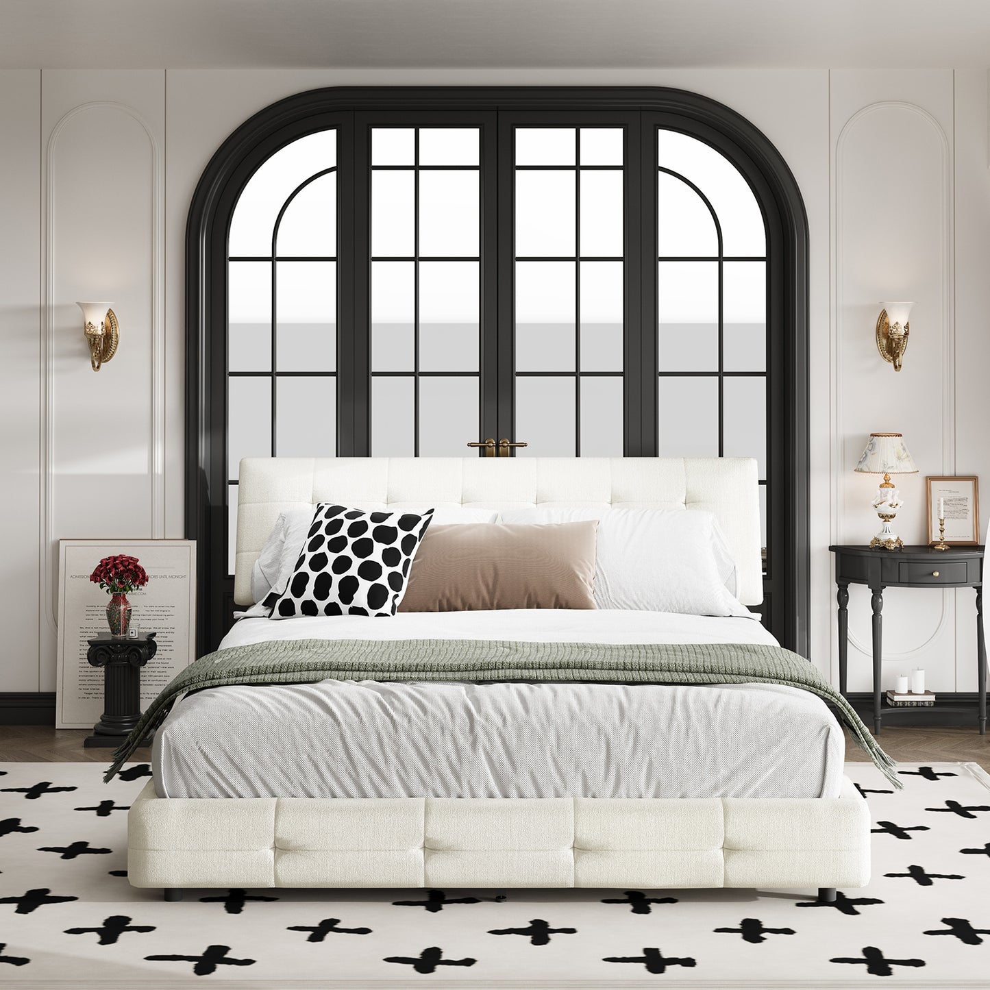 Queen/King Size Bed Frame Chenille Platform Bed with Metal and Wooden Slats Double Support – Cloud Pillow Headboard, Silent Sturdy