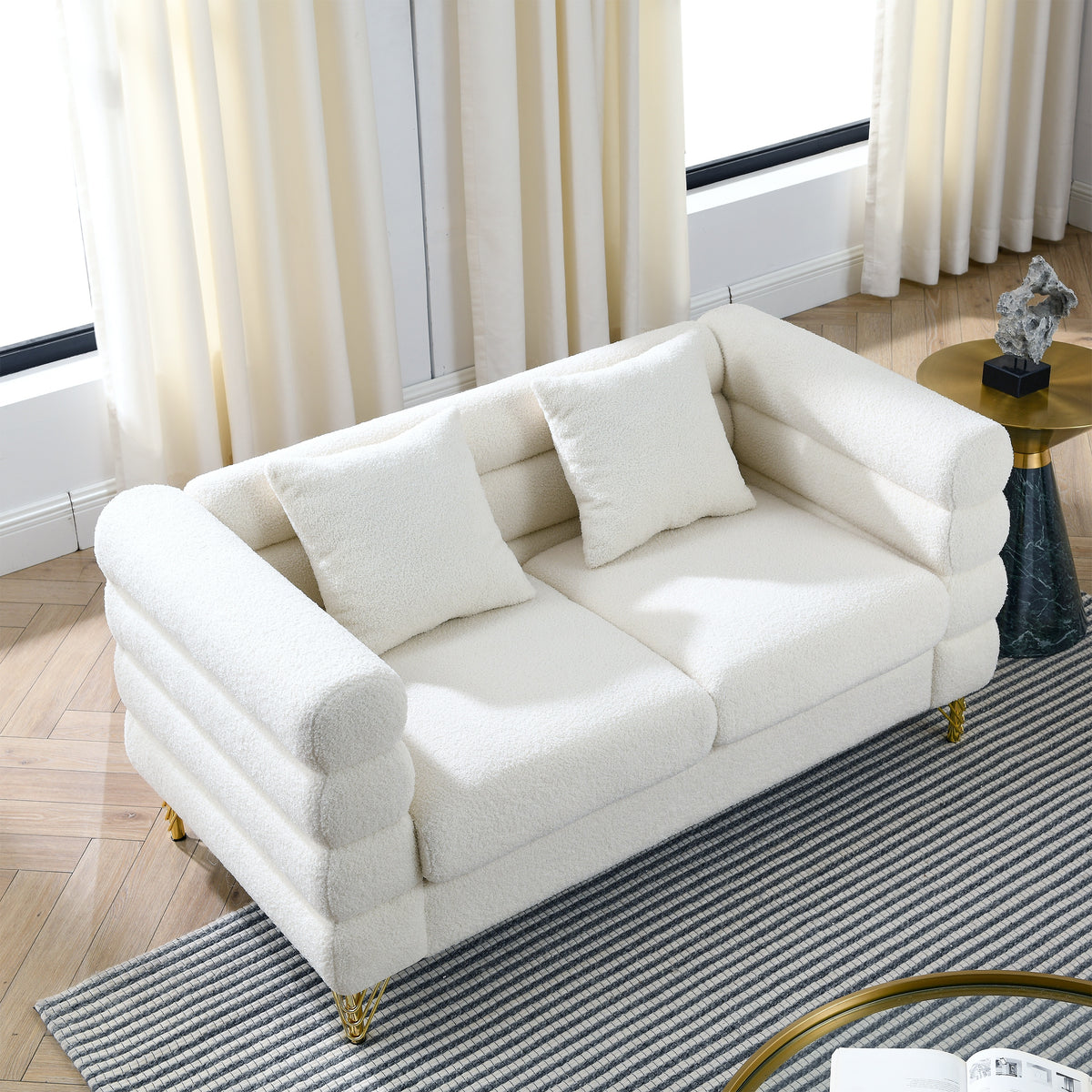 2-3 Seater Teddy Fabric Deep Seating Loveseat Sofa with Pillows – Streamline Modern Design