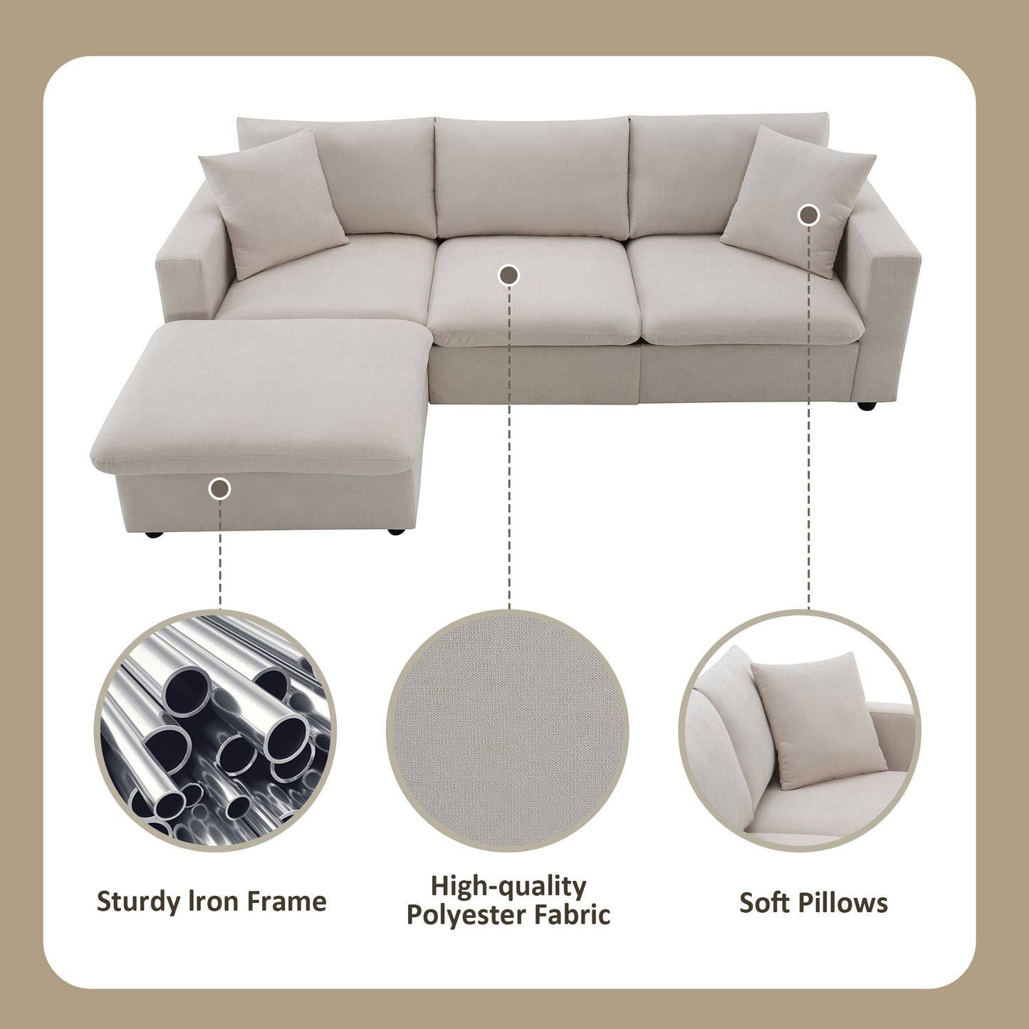 Modern Sectional Sofa,Polyester Fabric L-shaped Couch Set with 2 Free pillows