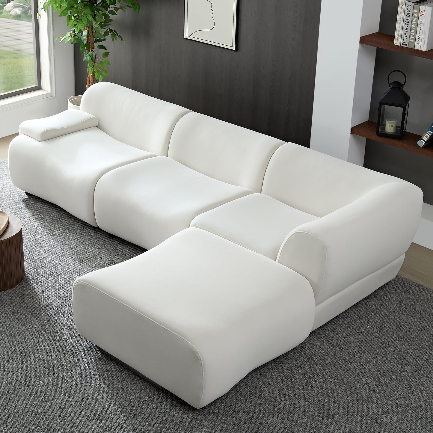 Bamboo-jointed sofa Solid Wood Frame 4 - Seat Sectional Sofa: White, Strong Durable Fabric, High - Density Sponge