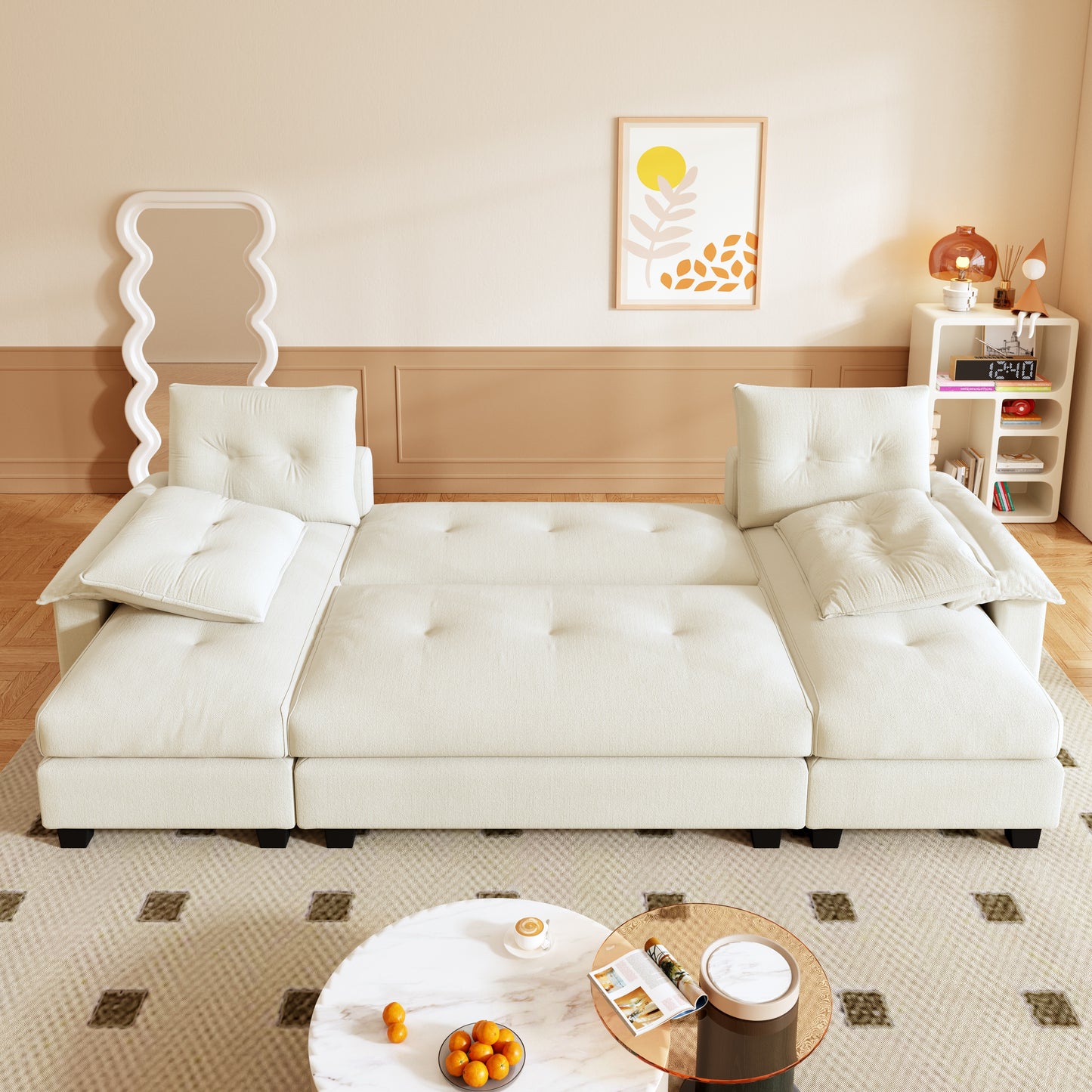 U-Shaped Sleeper Sofa with Pull Out Bed,2 in 1 Convertible Couch Bed with Removable Armrests & USB Ports